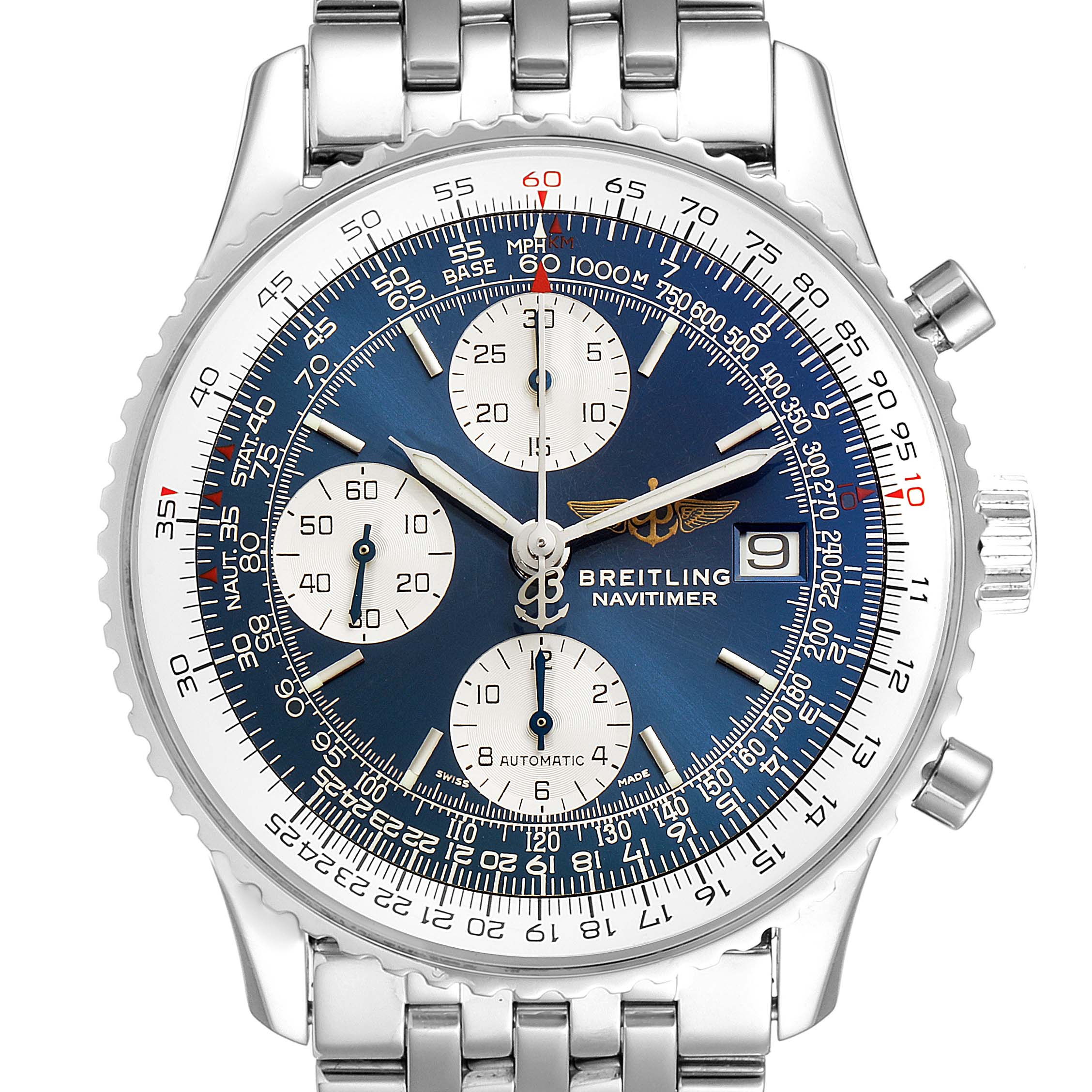 The image shows a frontal view of the Breitling Navitimer A13322 Men's Stainless Steel Blue Dial A13322 Men's Stainless Steel Blue Dial watch displaying the dial, bezel, pushers, and part of the bracelet.