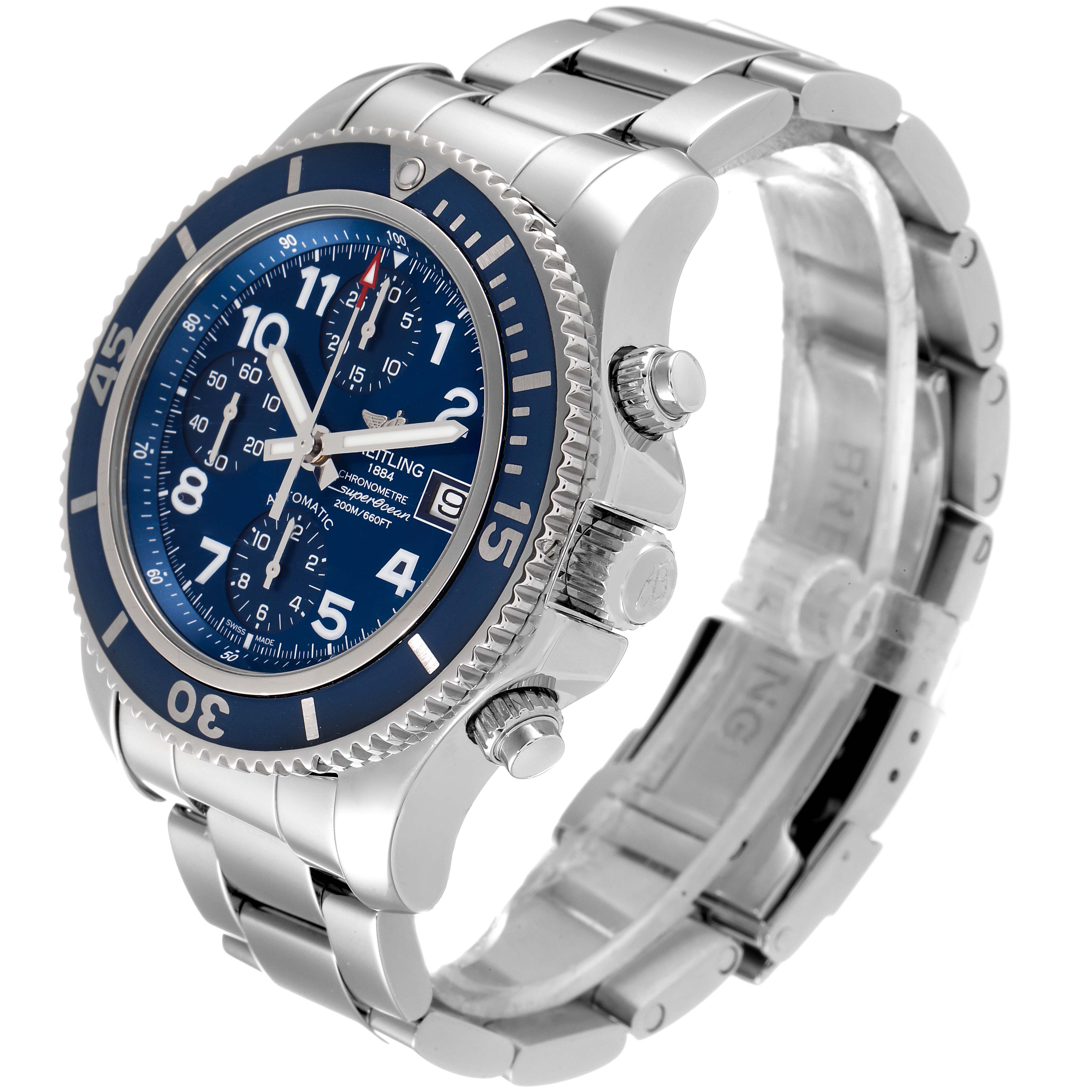 The image shows a Breitling Superocean A13311 Men's Stainless Steel Blue Dial A13311 Men's Stainless Steel Blue Dial watch from an angled side view, highlighting the bracelet, bezel, and crown.