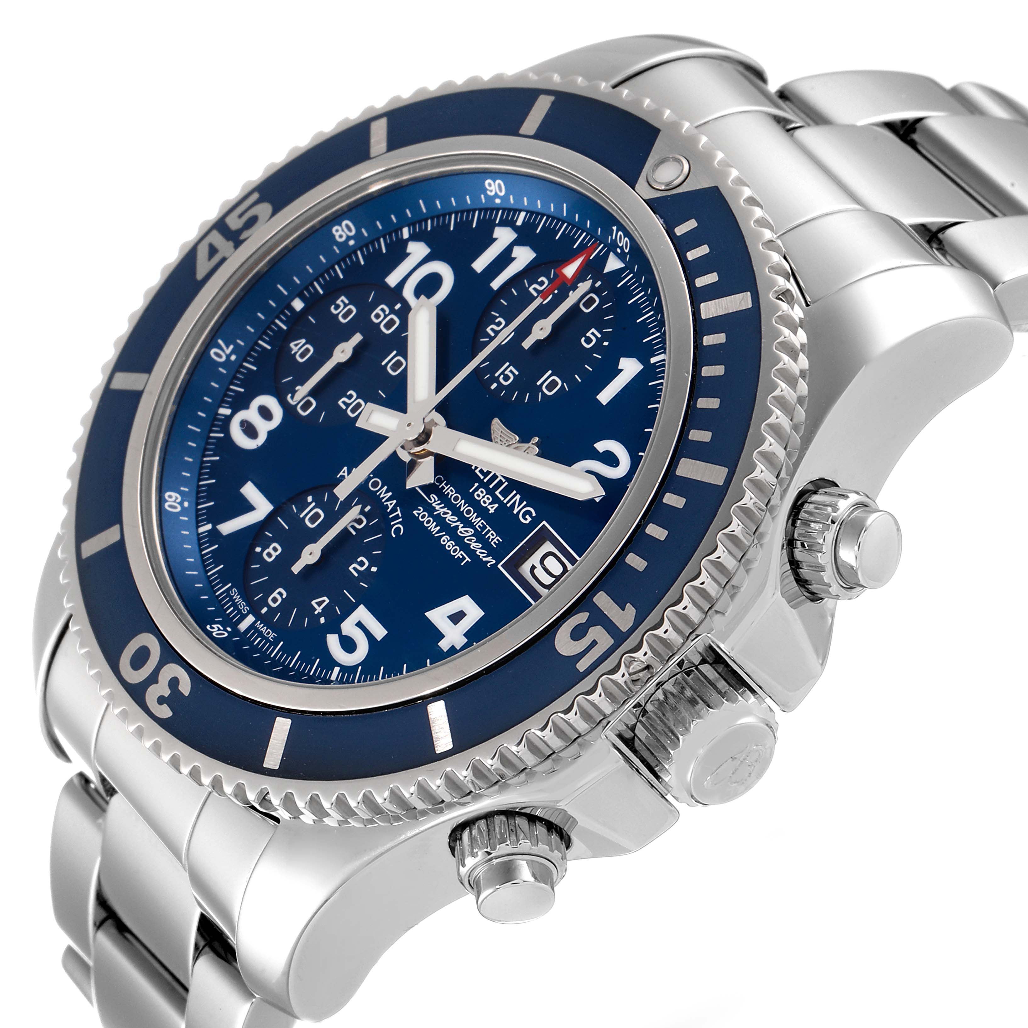 The image shows a close-up angle of the Breitling Superocean A13311 Men's Stainless Steel Blue Dial A13311 Men's Stainless Steel Blue Dial watch, highlighting its blue dial, bezel, crown, and bracelet.