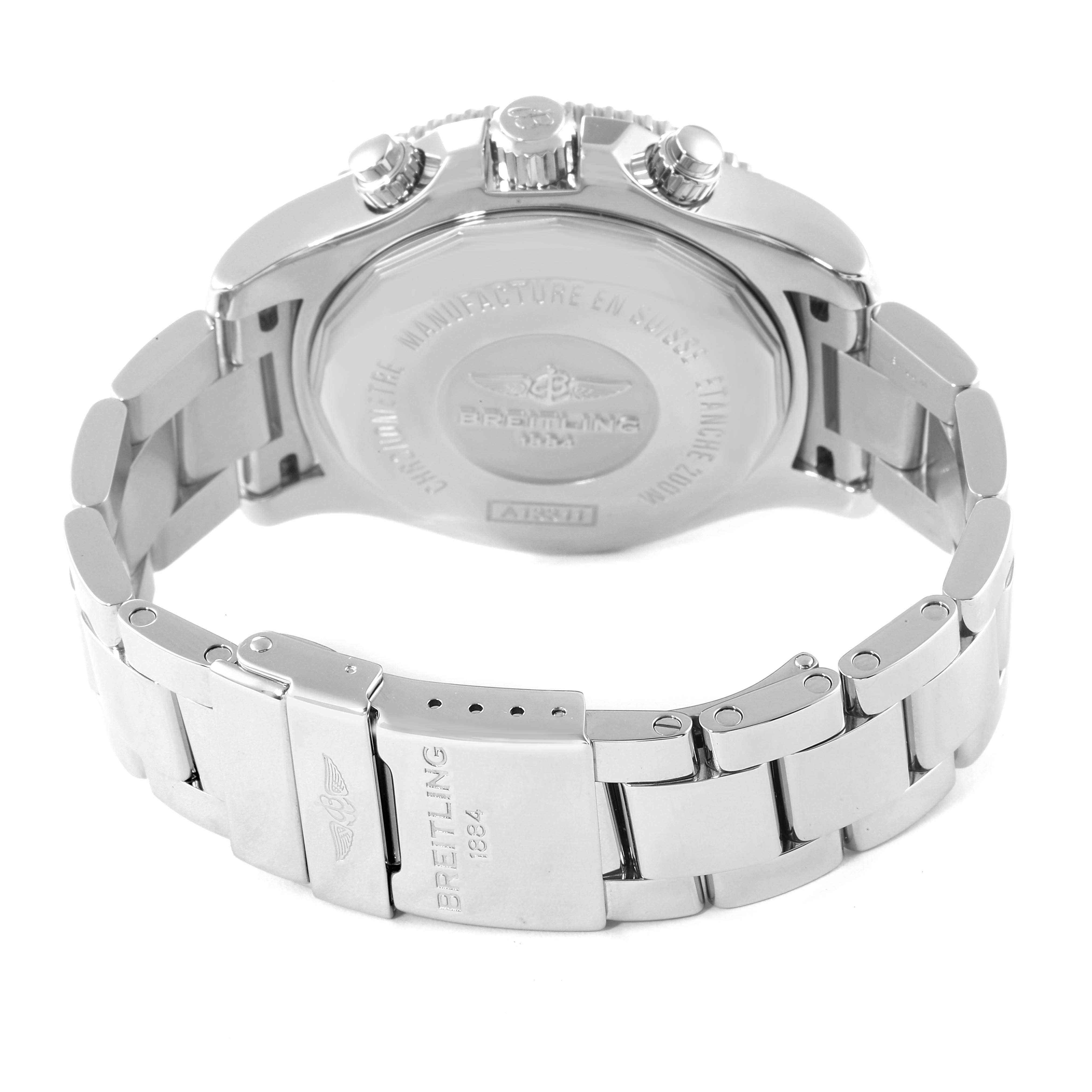 The image shows the back and clasp of a Breitling Superocean A13311 Men's Stainless Steel Blue Dial A13311 Men's Stainless Steel Blue Dial watch from a slightly elevated rear angle.