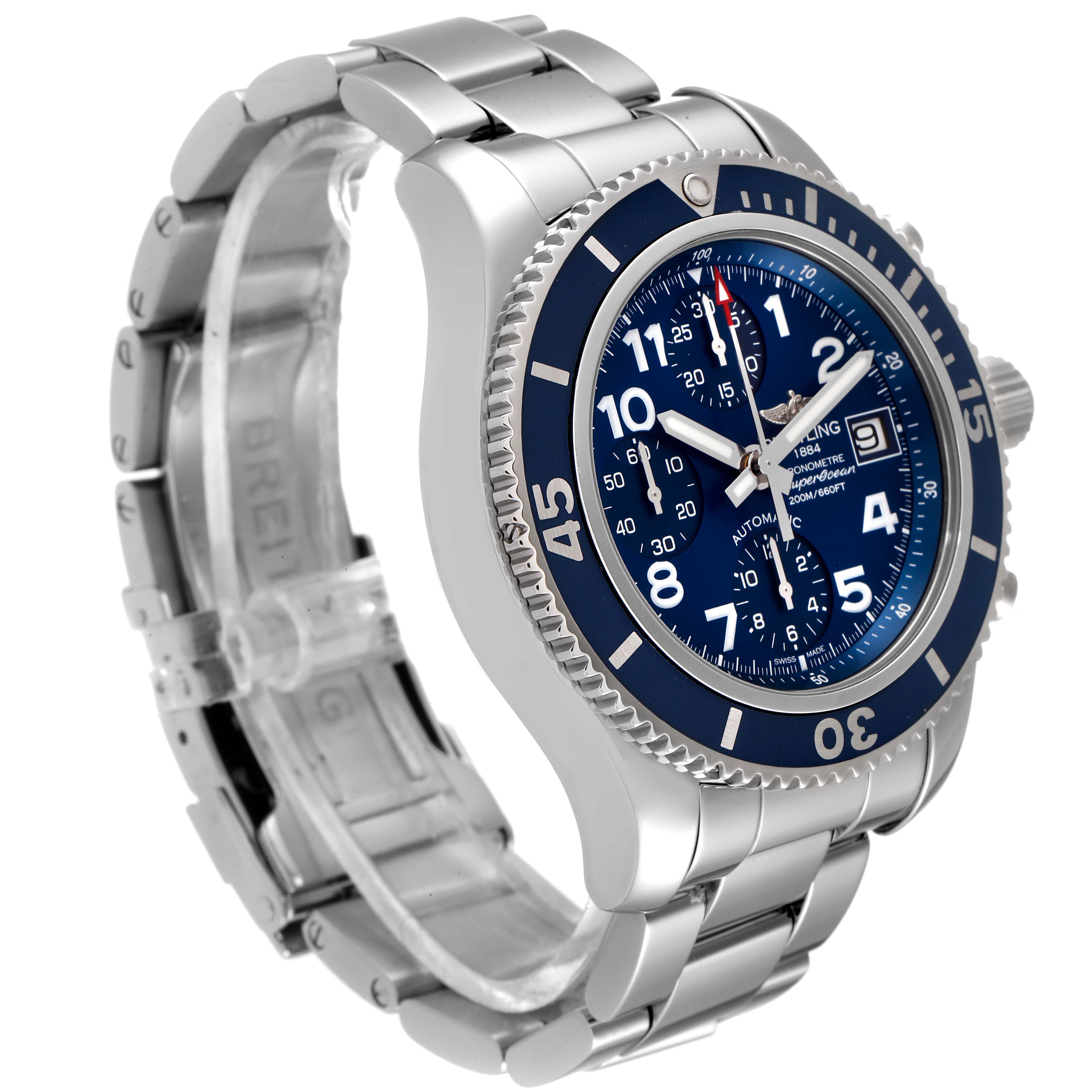 The image shows a Breitling Superocean A13311 Men's Stainless Steel Blue Dial A13311 Men's Stainless Steel Blue Dial watch from a three-quarter angle, highlighting the bezel, dial, and bracelet.