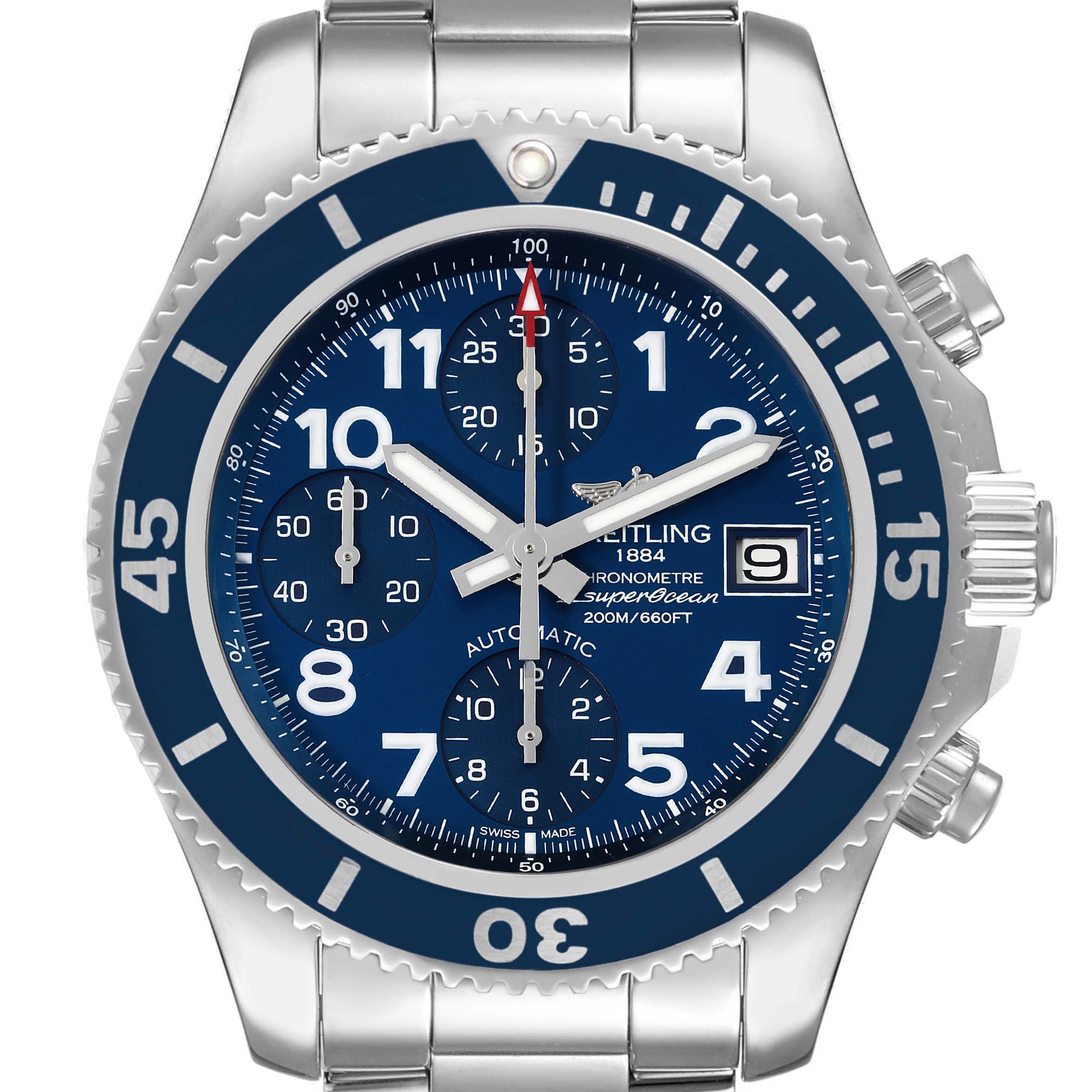 The image shows a front view of the Breitling Superocean A13311 Men's Stainless Steel Blue Dial A13311 Men's Stainless Steel Blue Dial watch, highlighting its blue dial, chronograph sub-dials, and stainless steel case and bracelet.