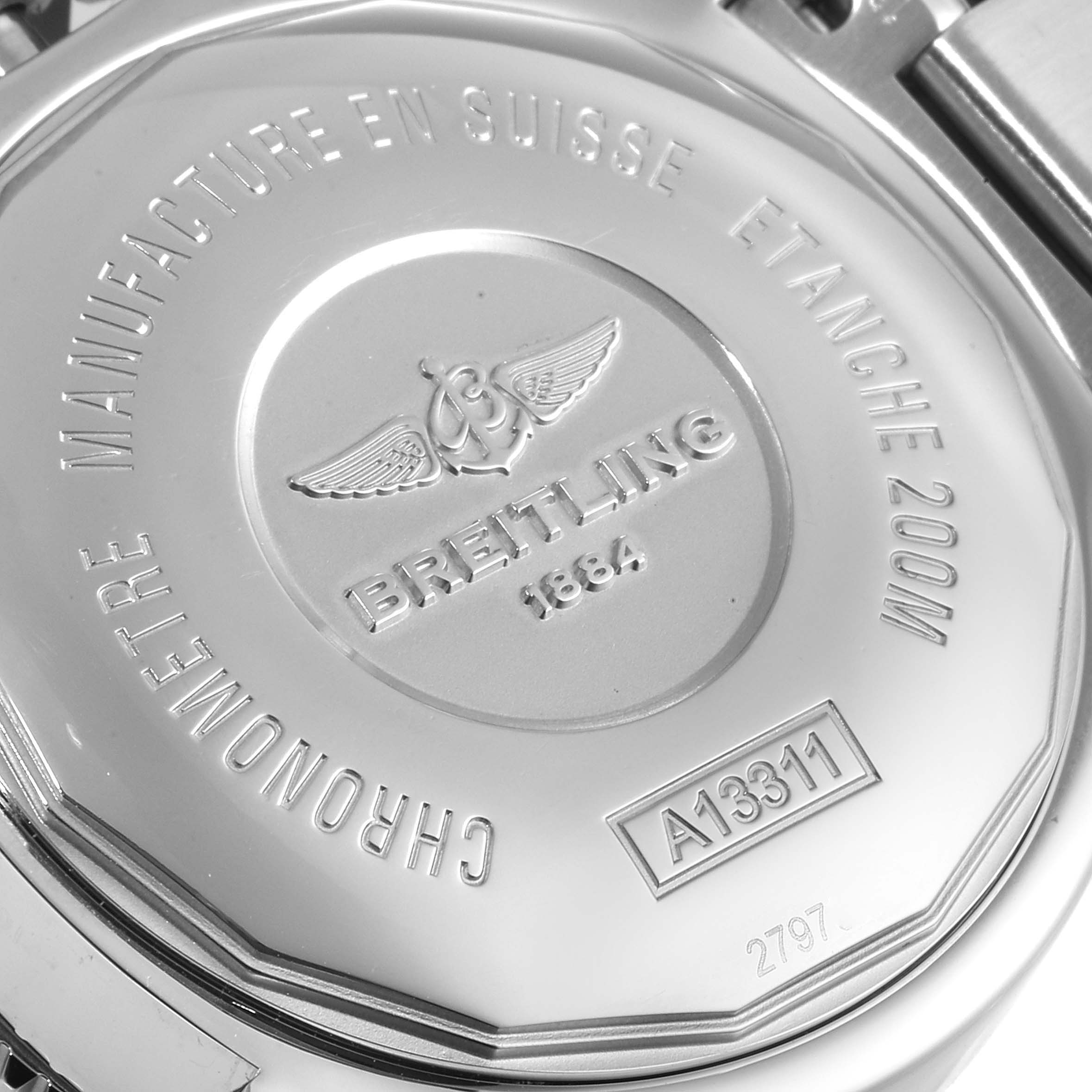 The image shows the back case of the Breitling Superocean A13311 Men's Stainless Steel Blue Dial A13311 Men's Stainless Steel Blue Dial watch, highlighting the brand name, logo, and model number.