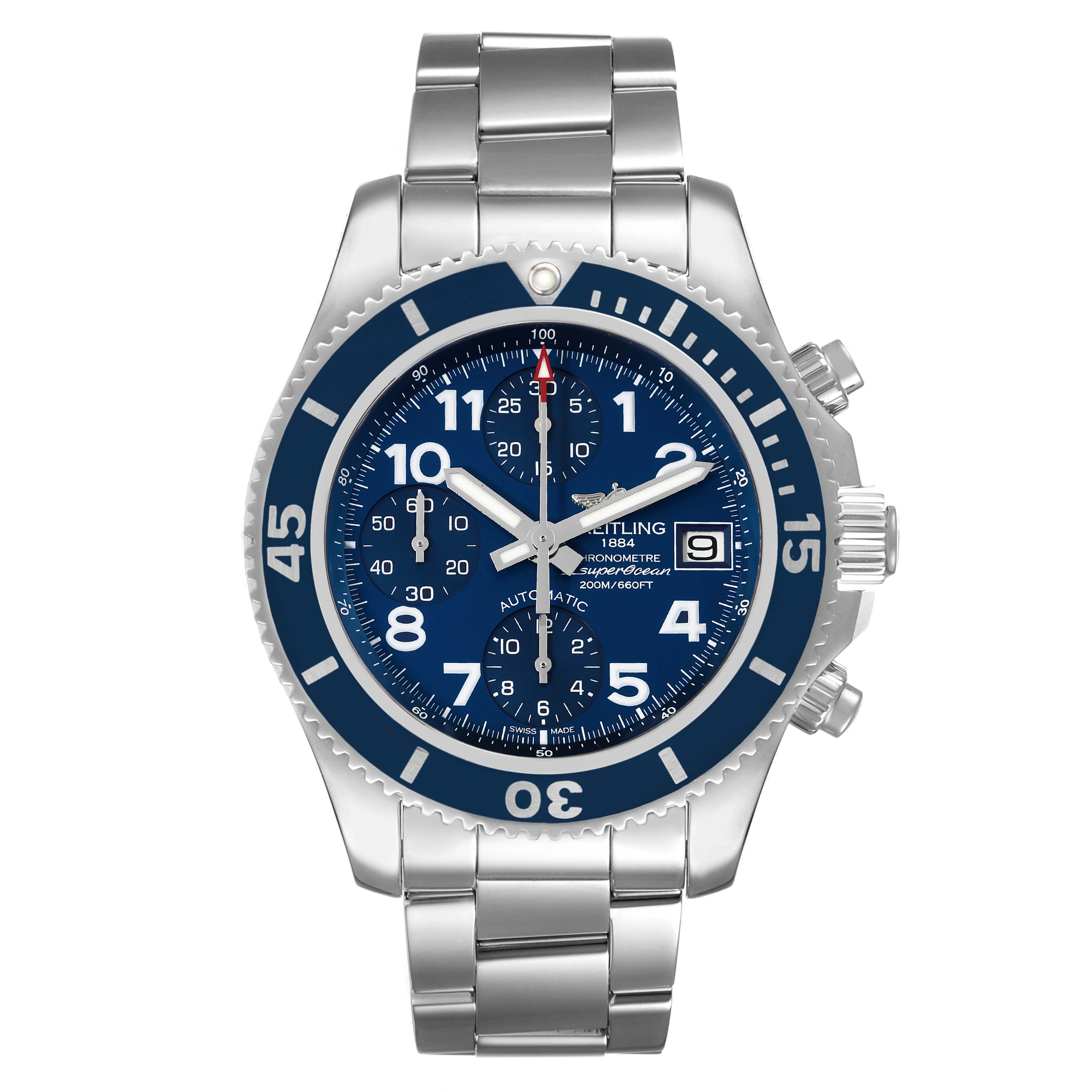 The image shows a front view of the Breitling Superocean A13311 Men's Stainless Steel Blue Dial A13311 Men's Stainless Steel Blue Dial watch, displaying its dial, bezel, and stainless steel bracelet.