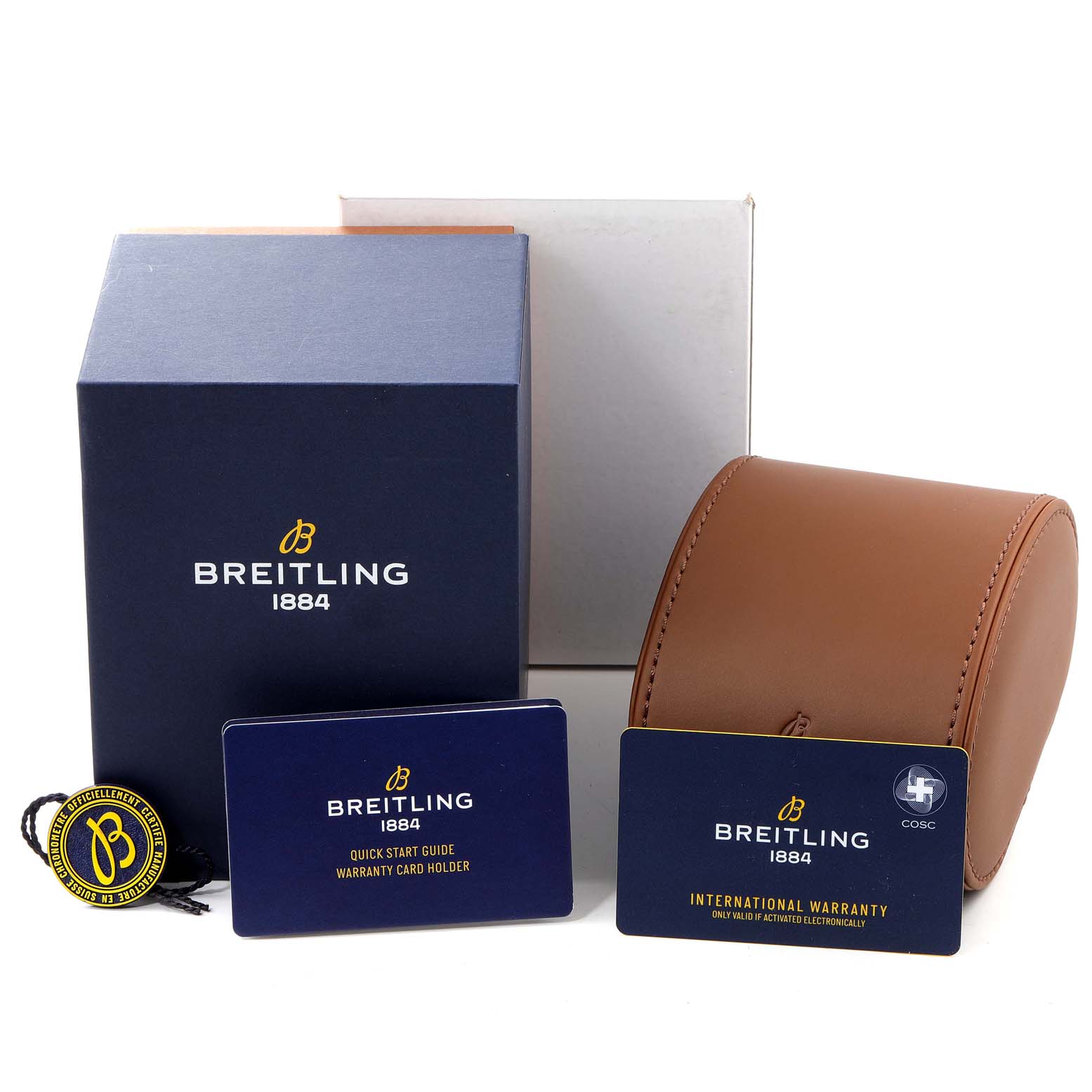 The image shows a Breitling Superocean AB2020 Men's Stainless Steel Blue Dial AB2020 Men's Stainless Steel Blue Dial box set, including a box, leather case, manuals, and warranty card.