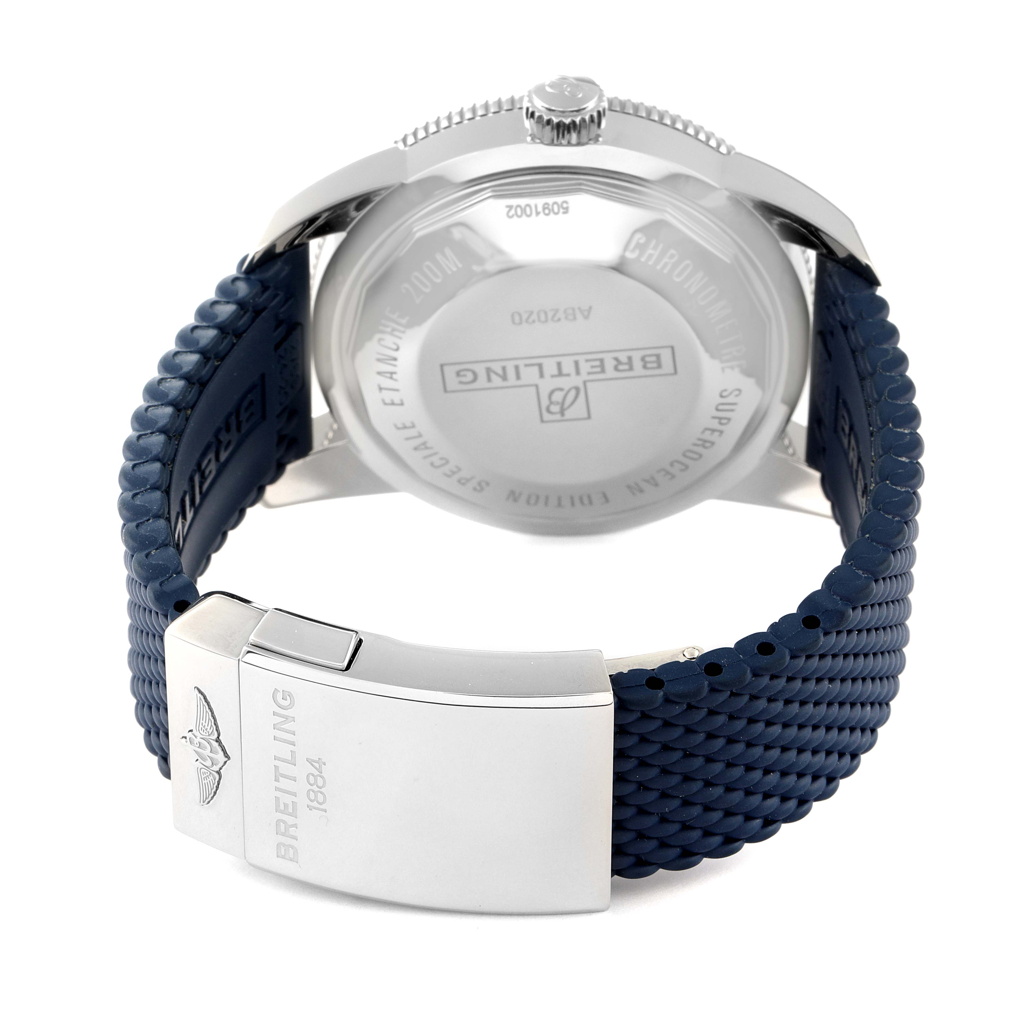 This image shows the back case and clasp mechanism of the Breitling Superocean AB2020 Men's Stainless Steel Blue Dial AB2020 Men's Stainless Steel Blue Dial watch, emphasizing the branded details and blue strap.