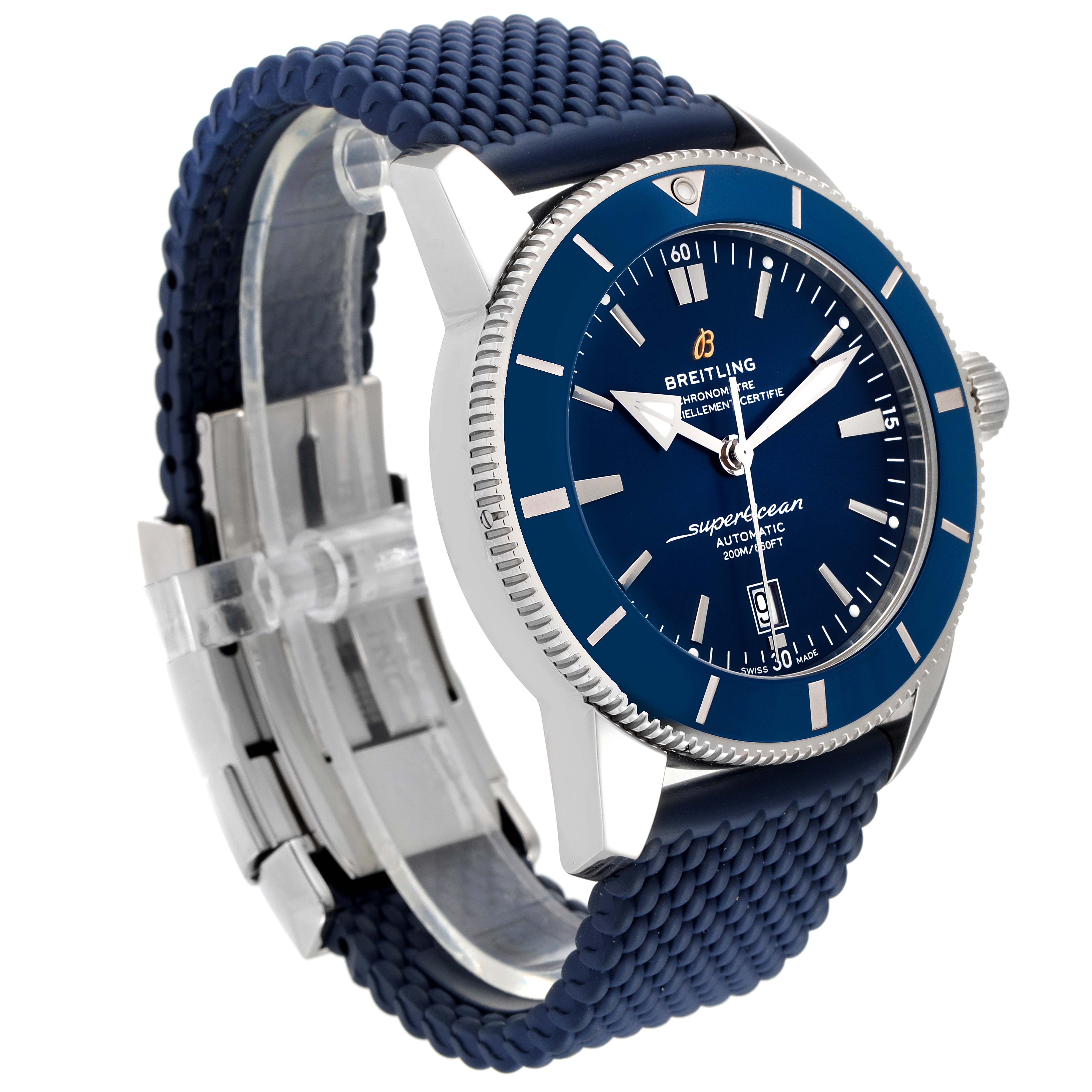 The image shows a Breitling Superocean AB2020 Men's Stainless Steel Blue Dial AB2020 Men's Stainless Steel Blue Dial watch at an angled side view, highlighting the dial, bezel, and textured strap.