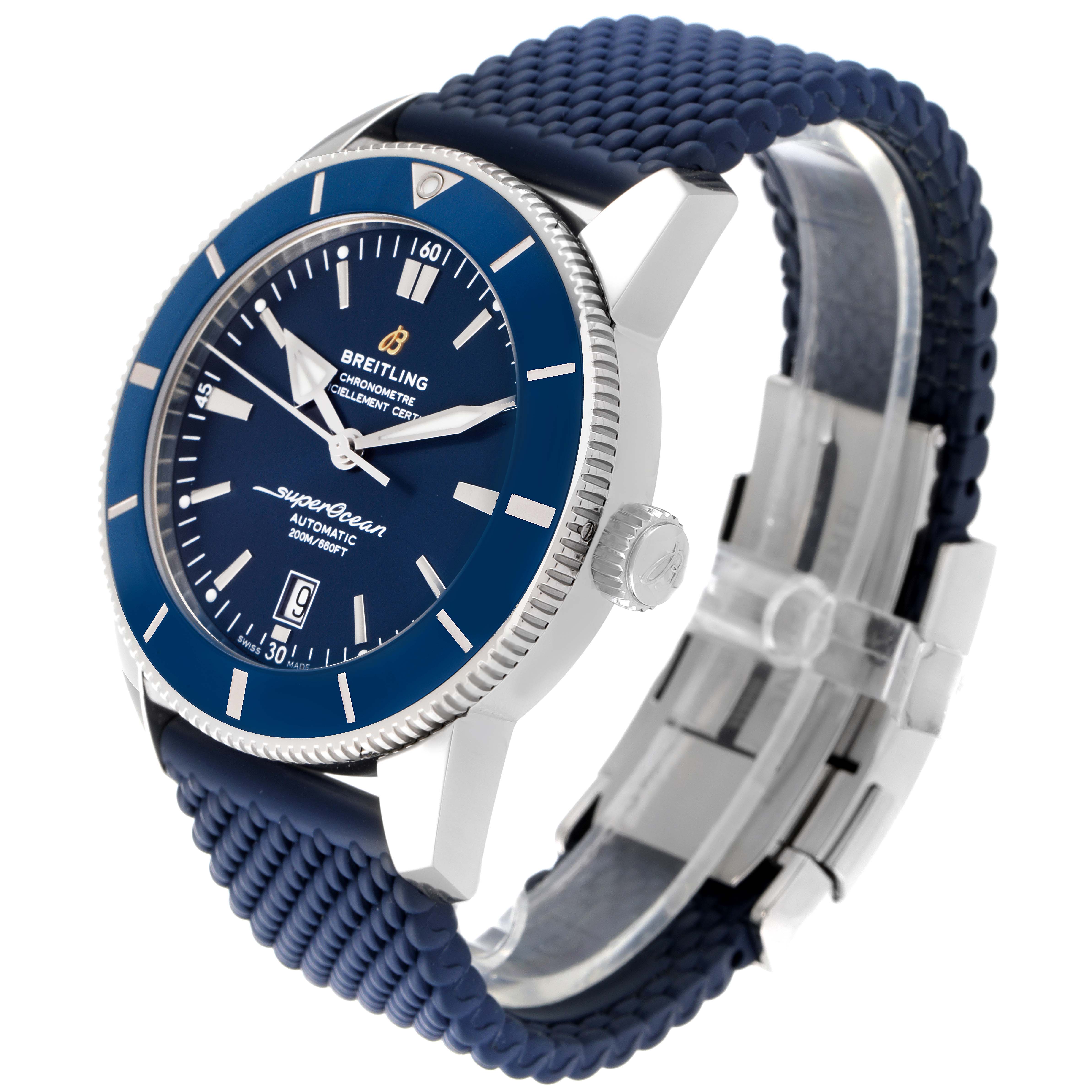 The image shows a Breitling Superocean AB2020 Men's Stainless Steel Blue Dial AB2020 Men's Stainless Steel Blue Dial watch at a three-quarter angle highlighting the dial, bezel, and crown with a blue strap.