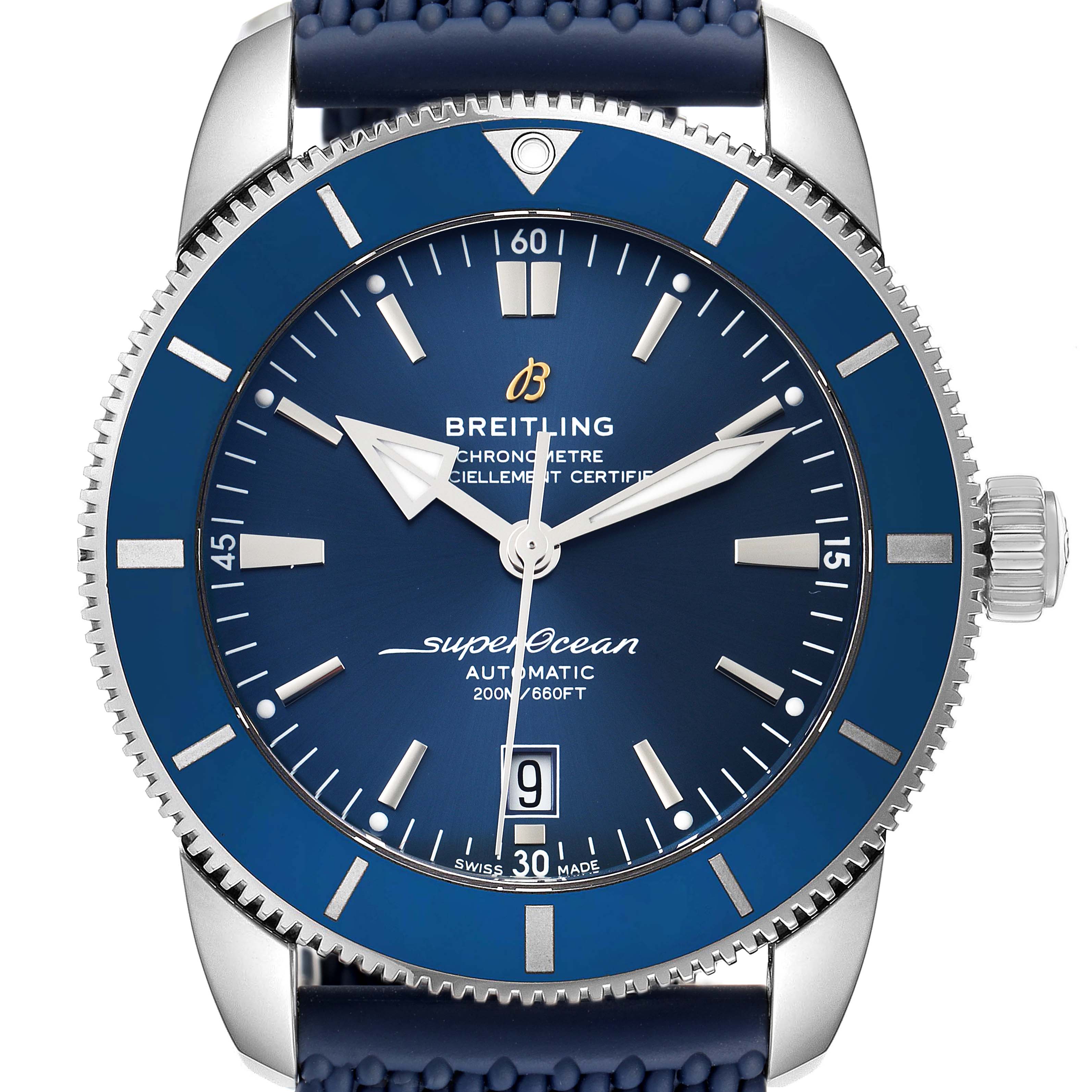 The image shows a close-up of the Breitling Superocean AB2020 Men's Stainless Steel Blue Dial AB2020 Men's Stainless Steel Blue Dial watch, highlighting its blue dial, bezel, hands, and crown.