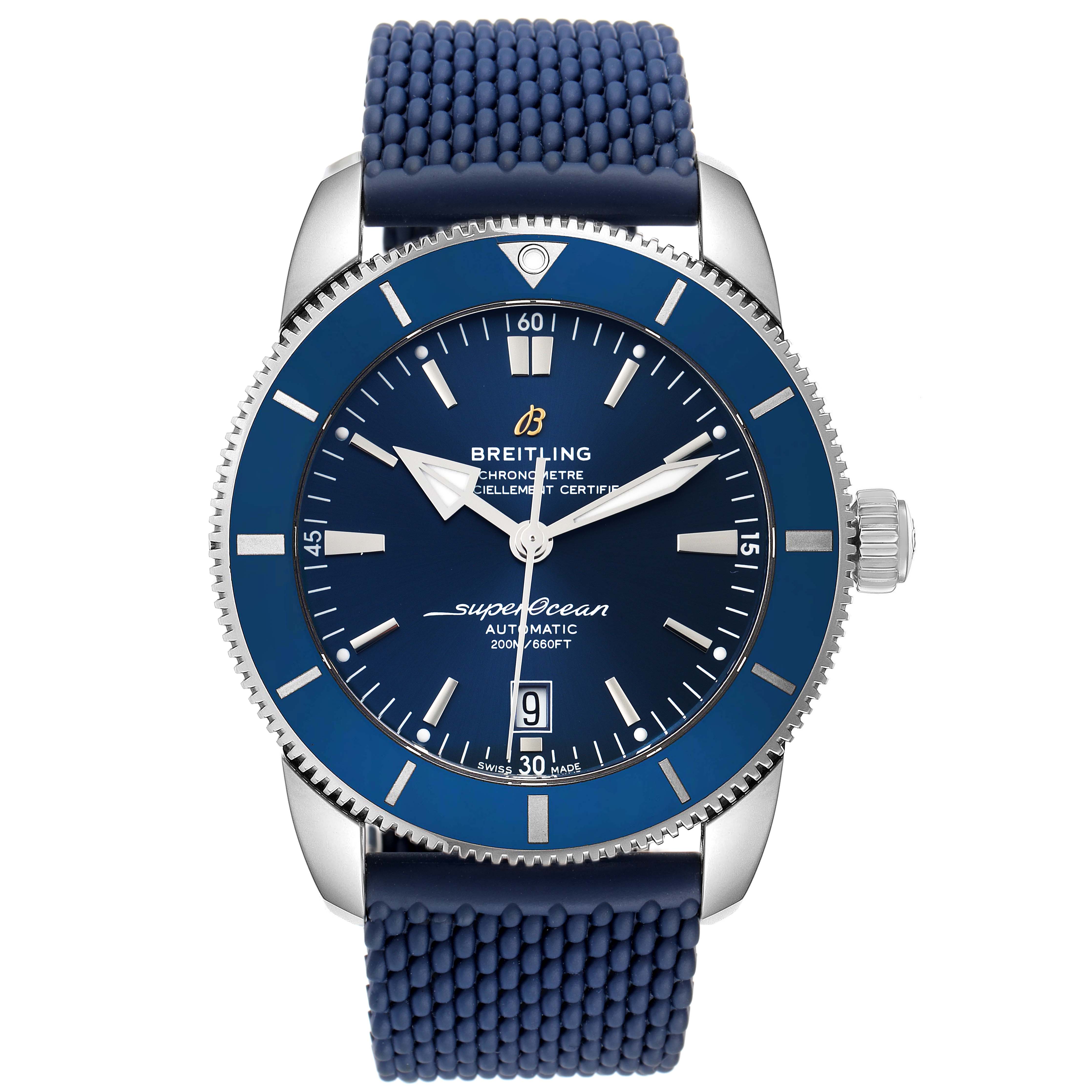 The image shows a front view of the Breitling Superocean AB2020 Men's Stainless Steel Blue Dial AB2020 Men's Stainless Steel Blue Dial watch, highlighting the dial, bezel, crown, and strap.