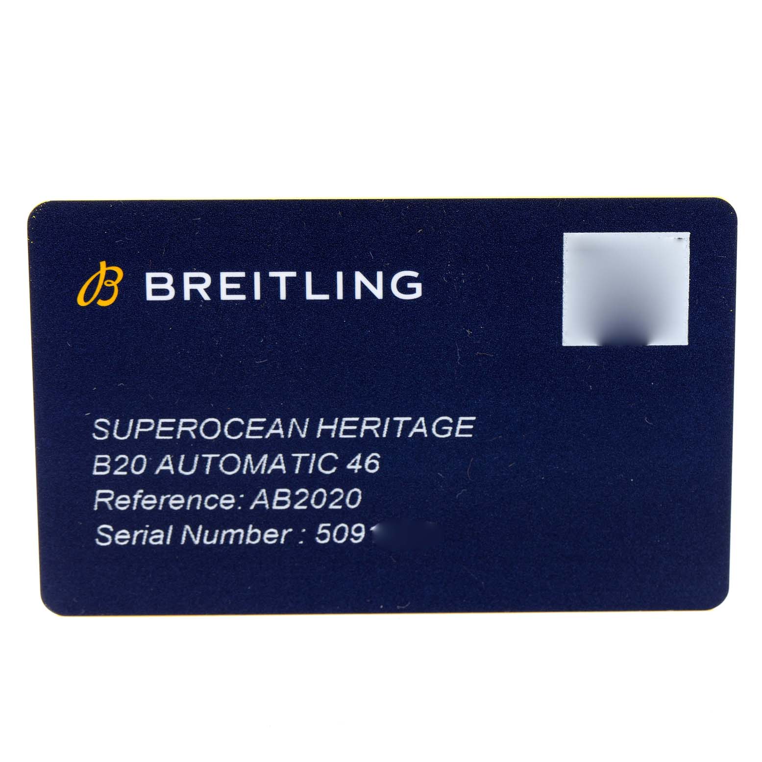 This image shows an identification card for the Superocean Heritage B20 Automatic 46 model by Breitling.