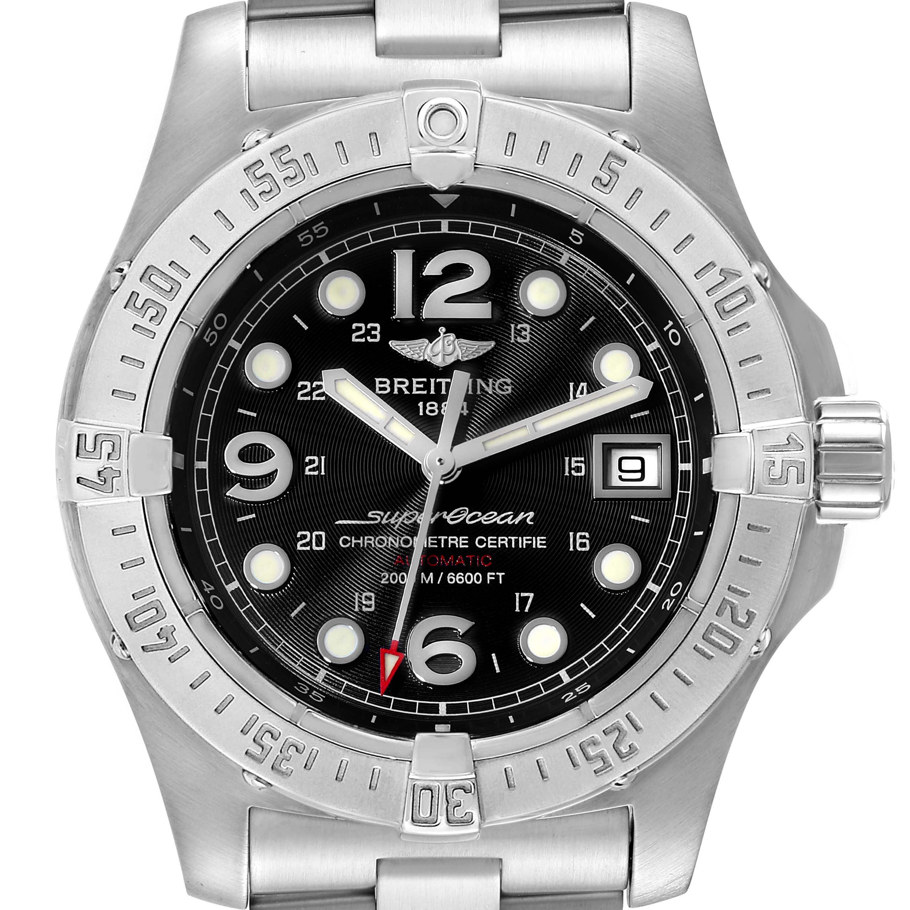 This image shows a front view of a Breitling Superocean A17390 Men's Stainless Steel Black Dial A17390 Men's Stainless Steel Black Dial watch, displaying the dial, bezel, crown, and part of the bracelet.