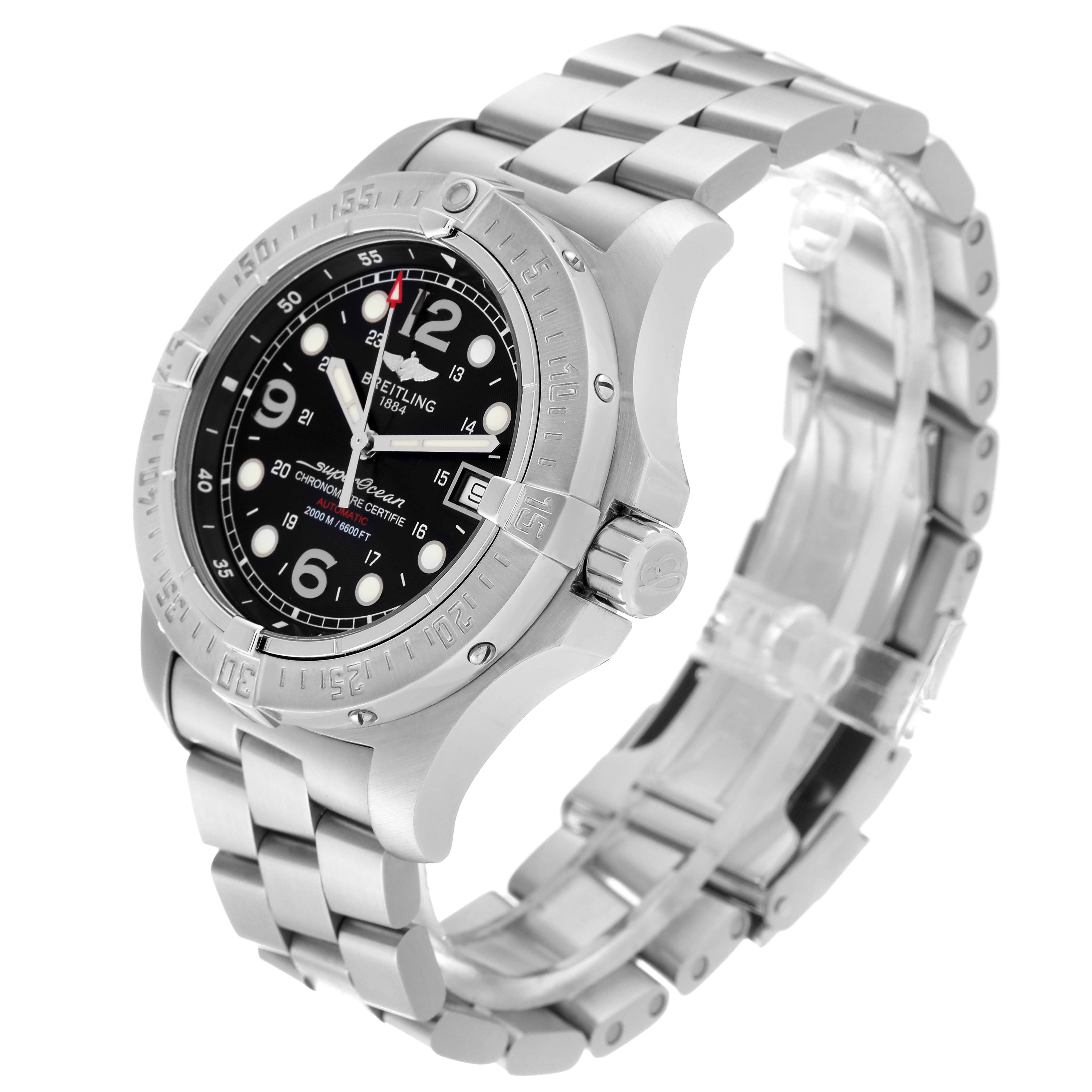 The image shows a Breitling Superocean A17390 Men's Stainless Steel Black Dial A17390 Men's Stainless Steel Black Dial watch in a three-quarter angle, highlighting the face, bezel, crown, and stainless steel bracelet.