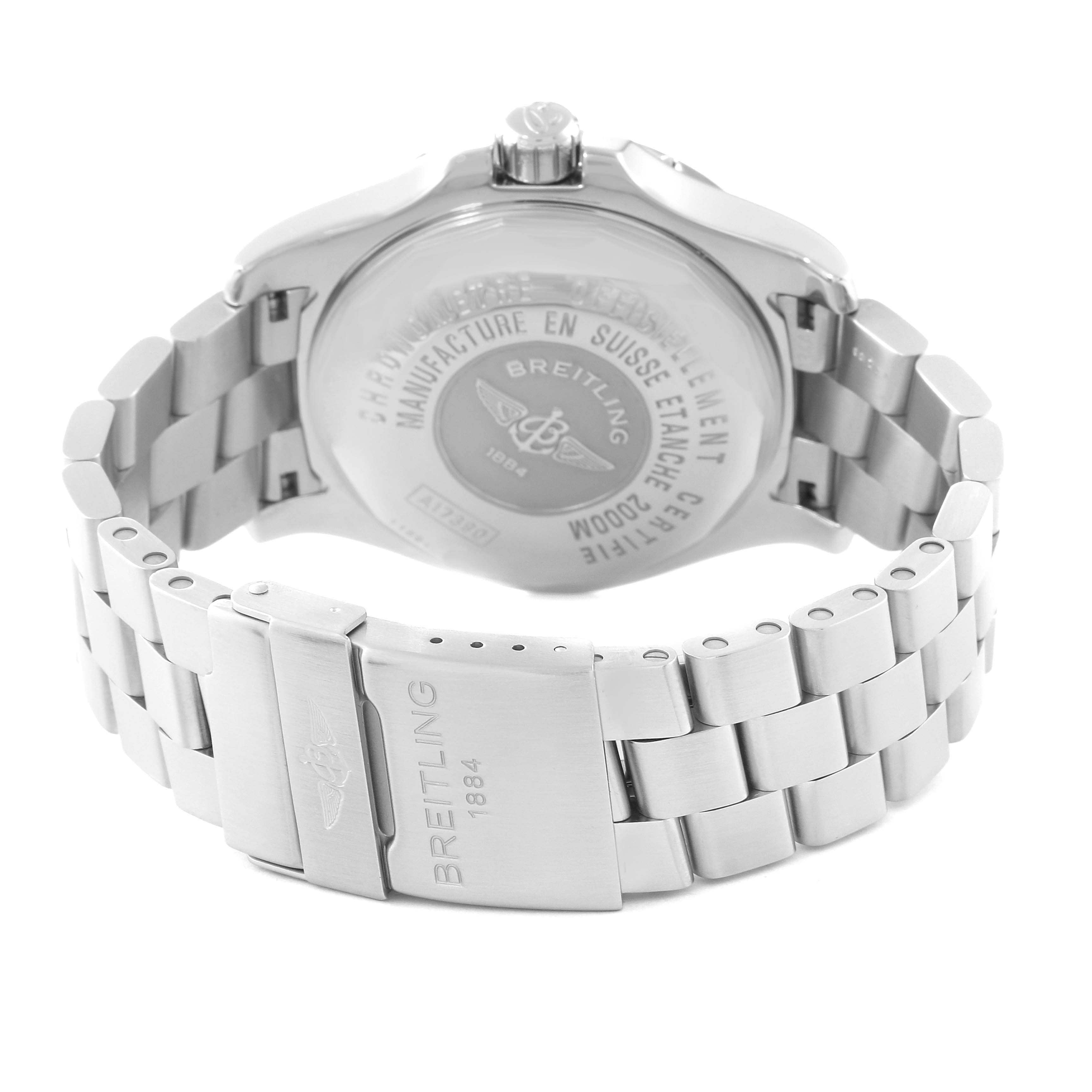 The image shows the back view of a Breitling Superocean A17390 Men's Stainless Steel Black Dial A17390 Men's Stainless Steel Black Dial watch, highlighting the case back, bracelet, and clasp.