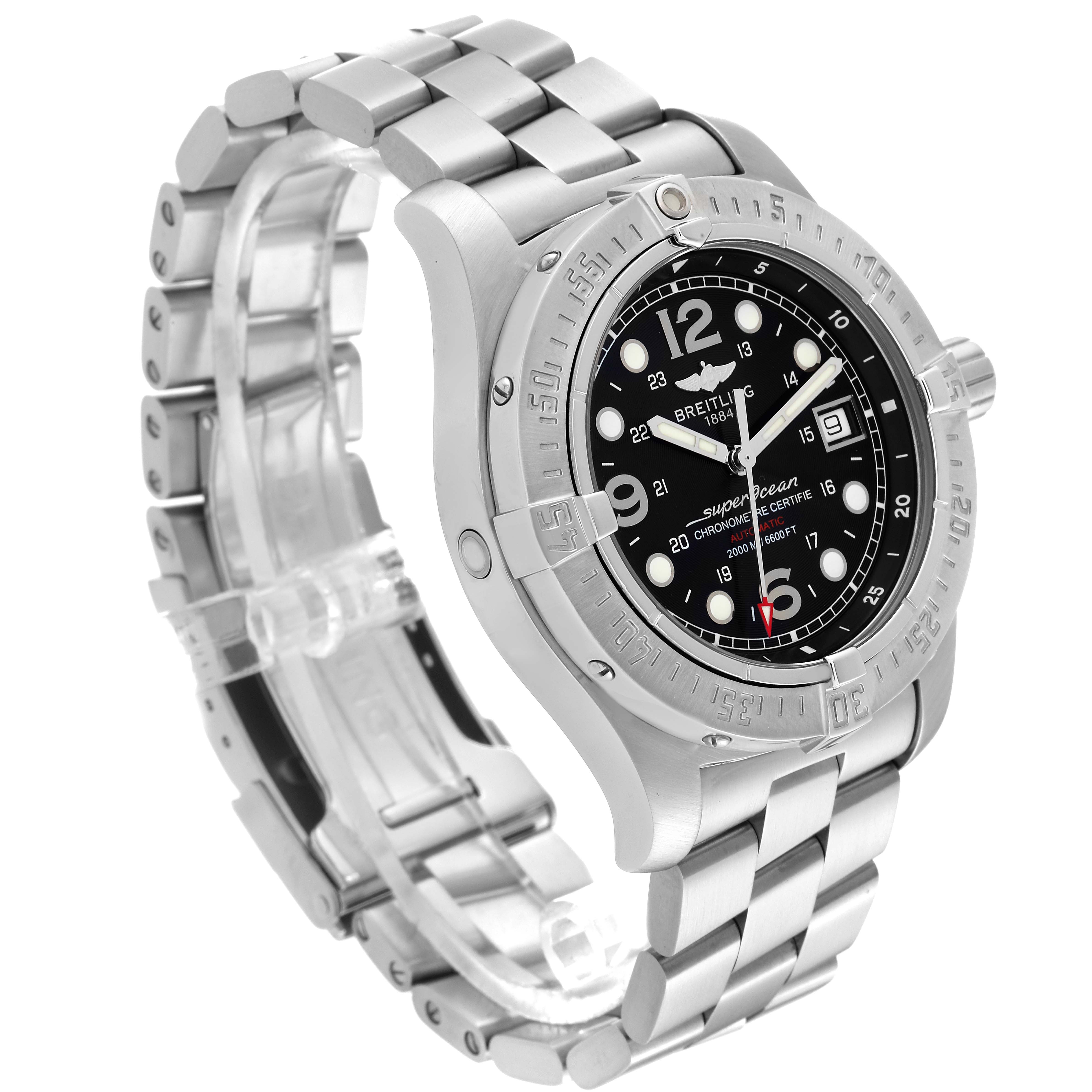 The Breitling Superocean A17390 Men's Stainless Steel Black Dial A17390 Men's Stainless Steel Black Dial watch is shown at an angled side view, highlighting its stainless steel bracelet, bezel, and dial.