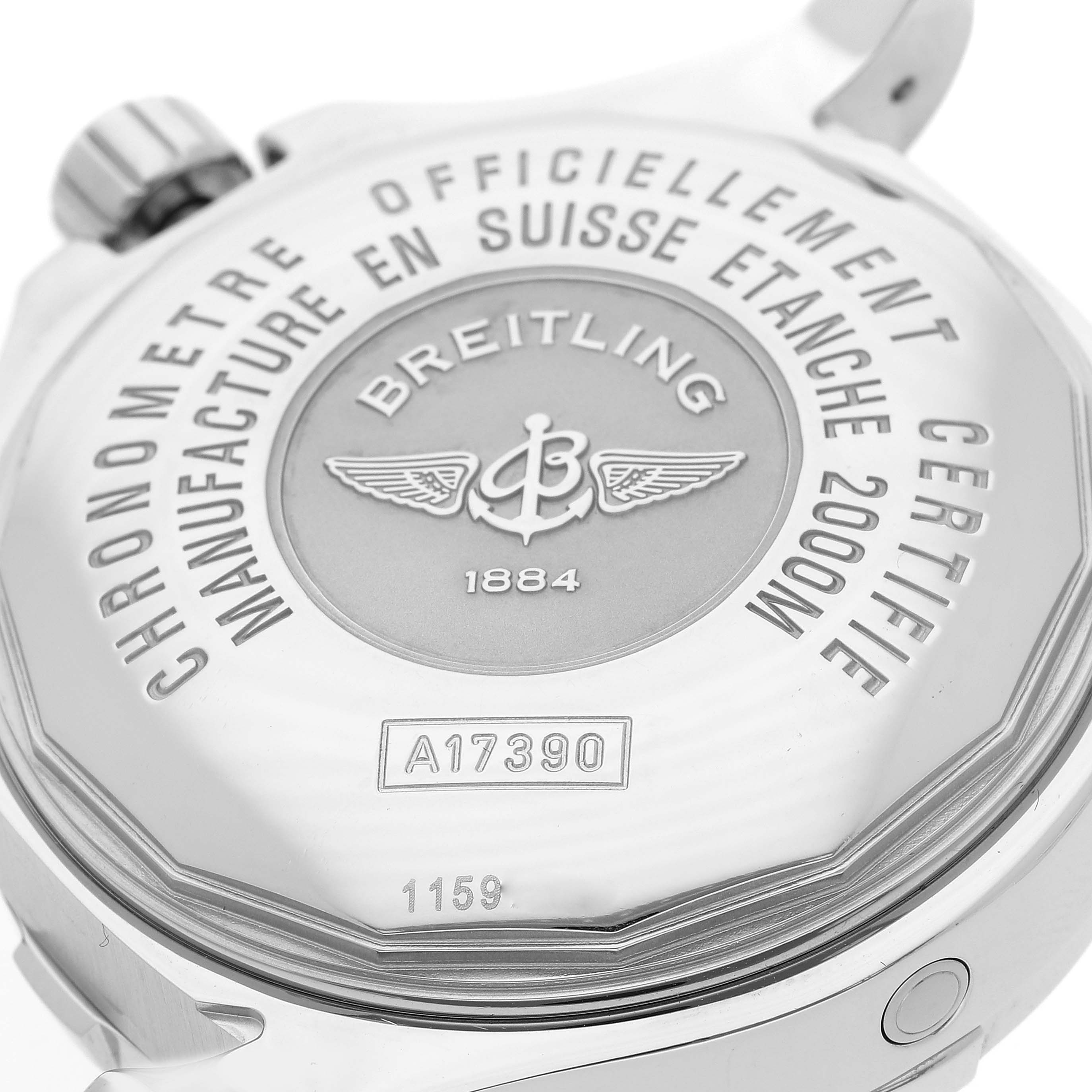 The image shows the case back of a Breitling Superocean A17390 Men's Stainless Steel Black Dial A17390 Men's Stainless Steel Black Dial watch, highlighting its engravings and model number A17390.