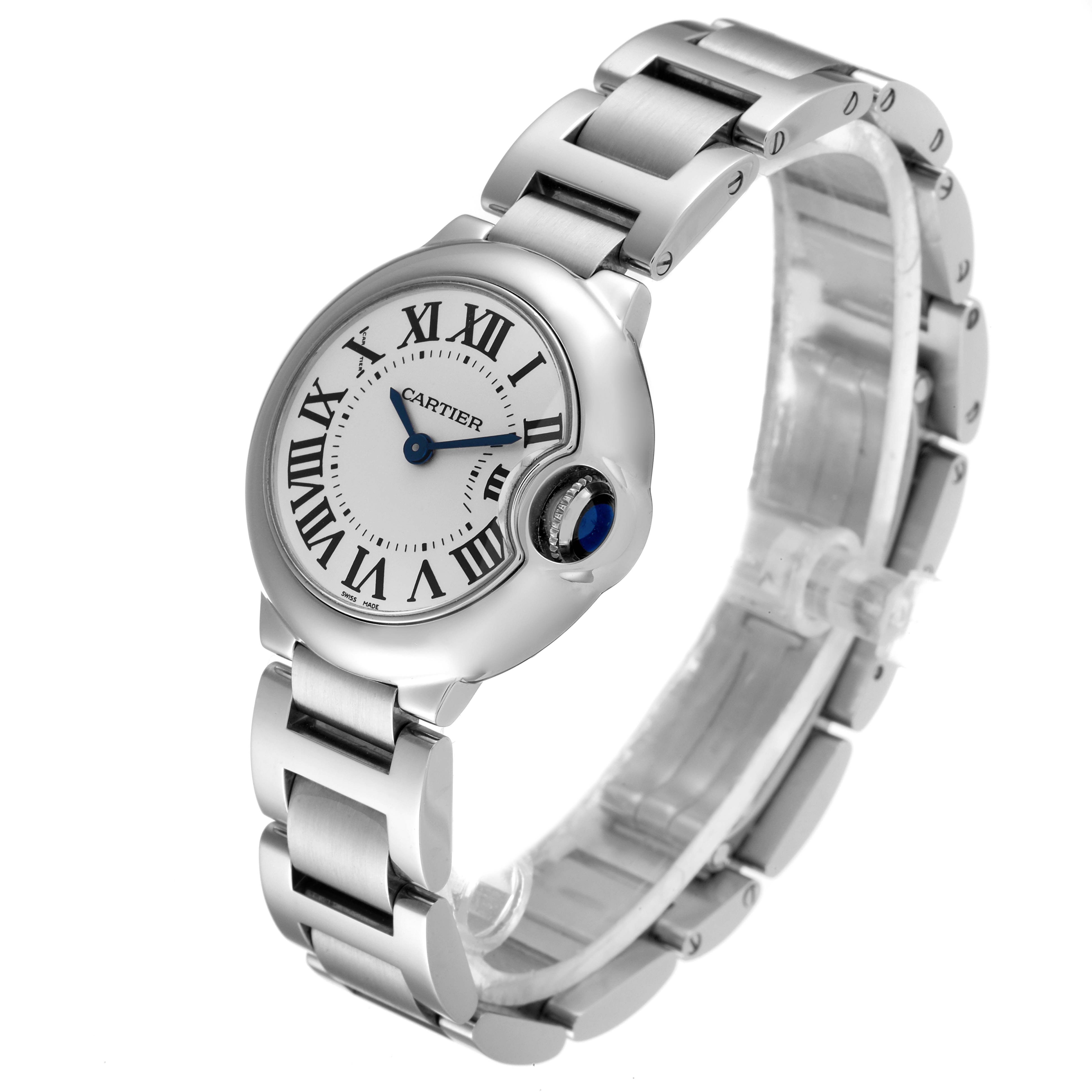 The image shows a Cartier Ballon Bleu W69010Z4 Women
s Stainless Steel Silver Dial W69010Z4 Women
s Stainless Steel Silver Dial watch at a three-quarter angle, displaying its face, bracelet, and crown with a blue stone.