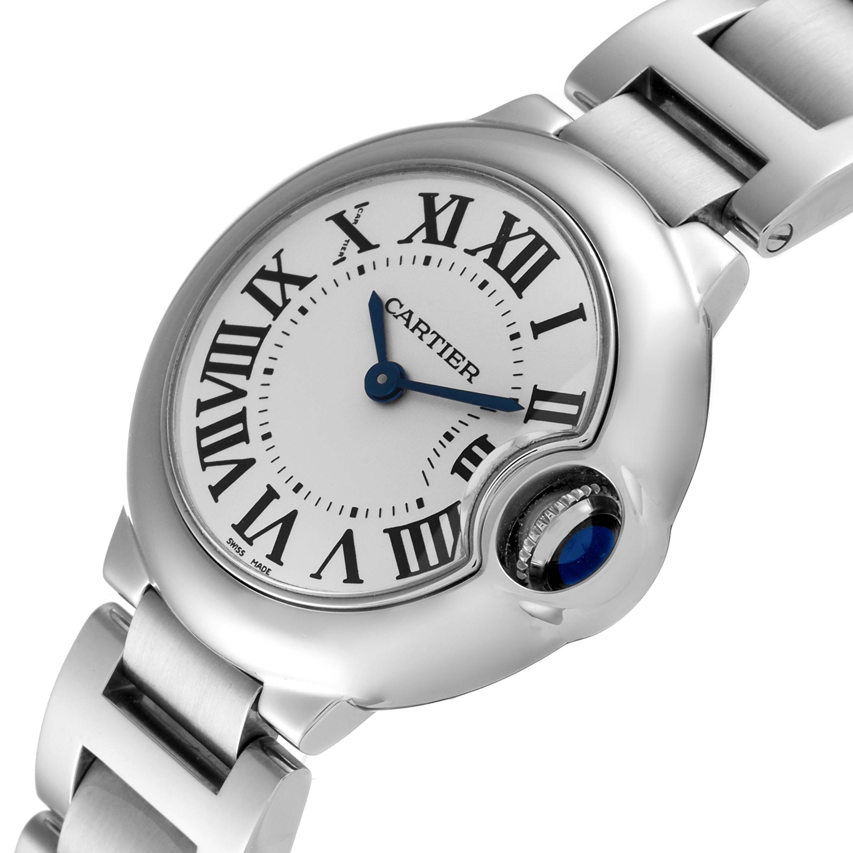 The image shows a close-up angle of the Cartier Ballon Bleu W69010Z4 Women
s Stainless Steel Silver Dial W69010Z4 Women
s Stainless Steel Silver Dial watch
s face, bezel, crown, and a portion of the bracelet.