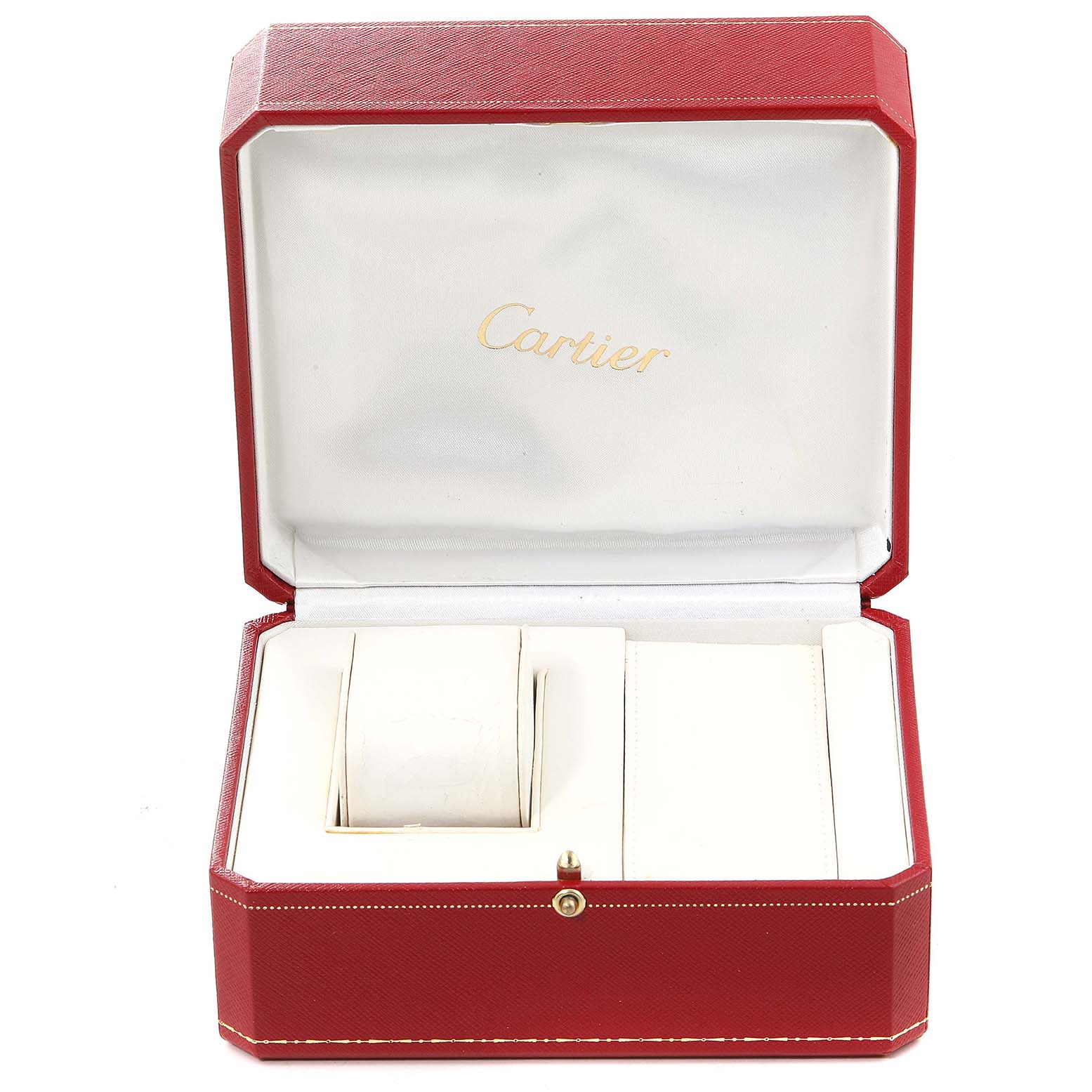 This image shows an empty red Cartier watch box for the Ballon Bleu model, open to display the interior compartments.