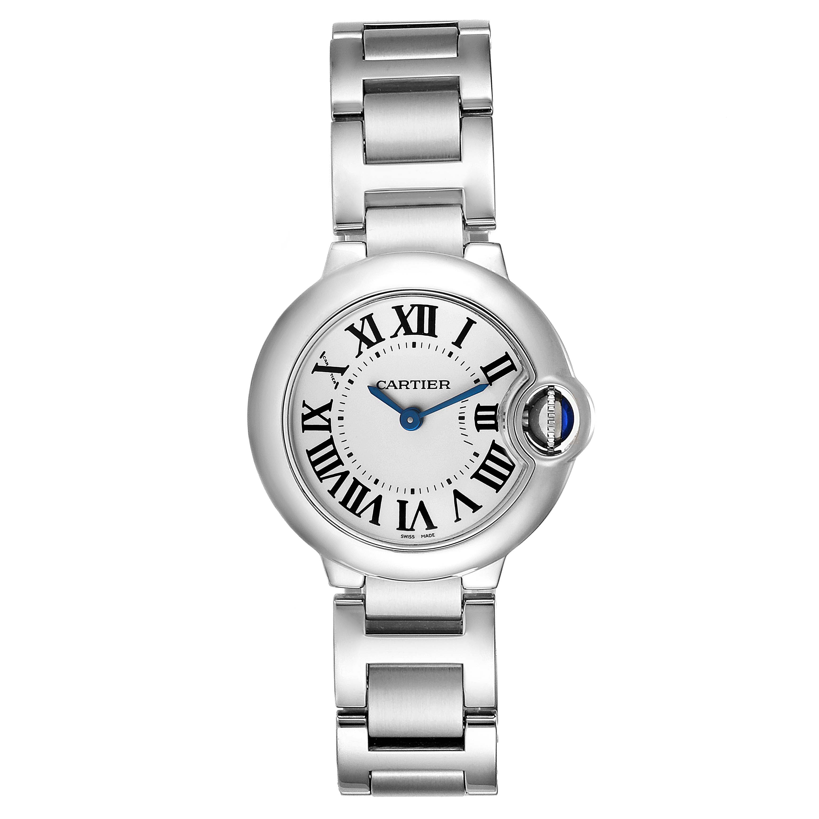 The image shows a front view of the Cartier Ballon Bleu W69010Z4 Women
s Stainless Steel Silver Dial W69010Z4 Women
s Stainless Steel Silver Dial watch, featuring its round case, blue hands, Roman numerals, and metal bracelet.