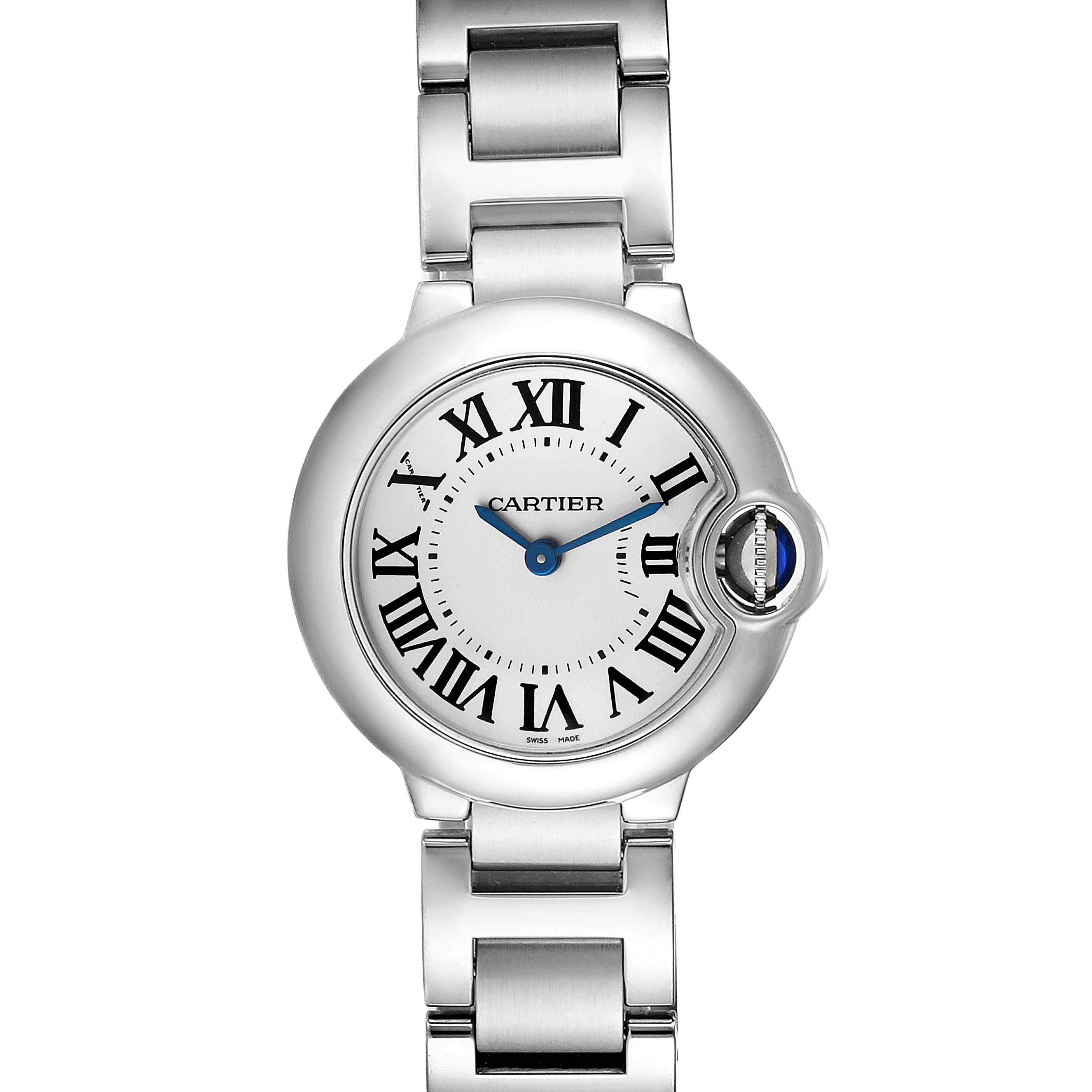 The image shows a front view of a Cartier Ballon Bleu W69010Z4 Women
s Stainless Steel Silver Dial W69010Z4 Women
s Stainless Steel Silver Dial watch, highlighting its round face and stainless steel bracelet.