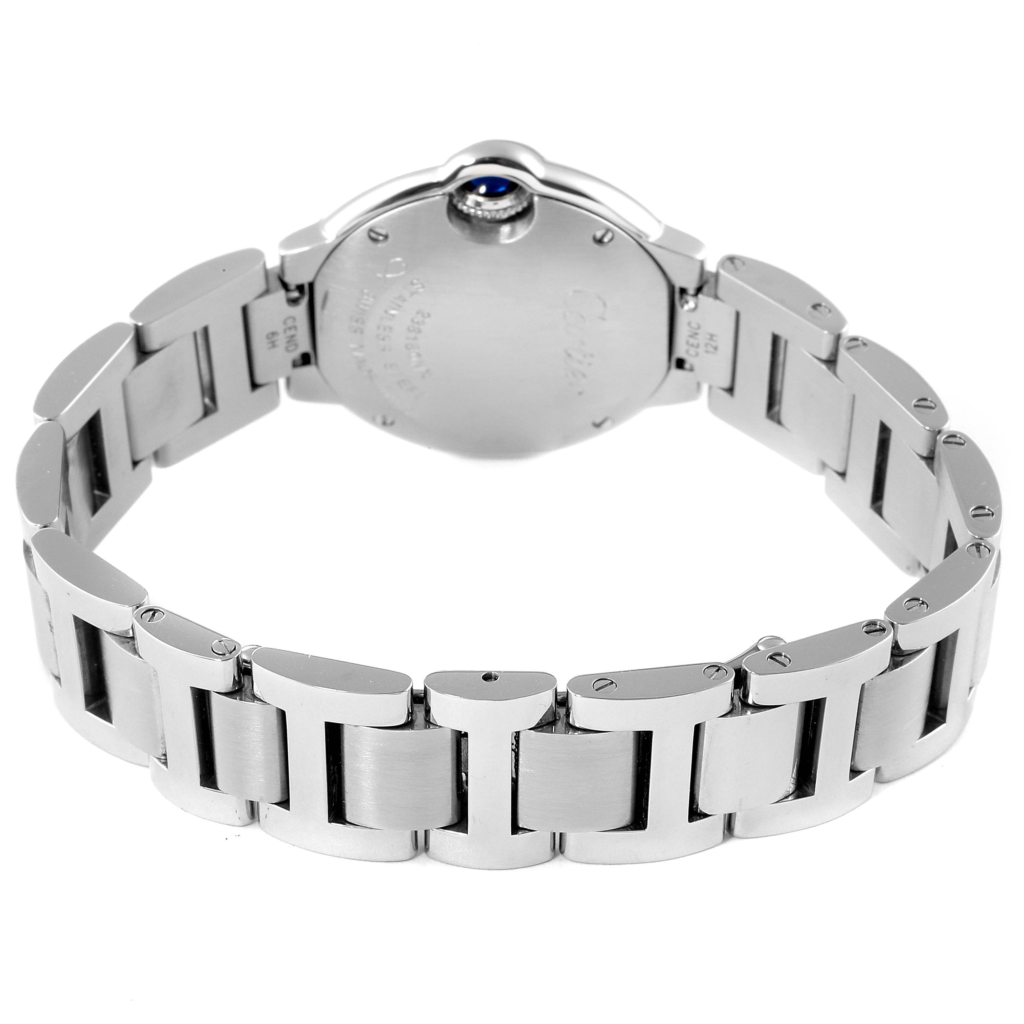 The image shows the back view of a Ballon Bleu de Cartier watch, highlighting the bracelet and the case back.