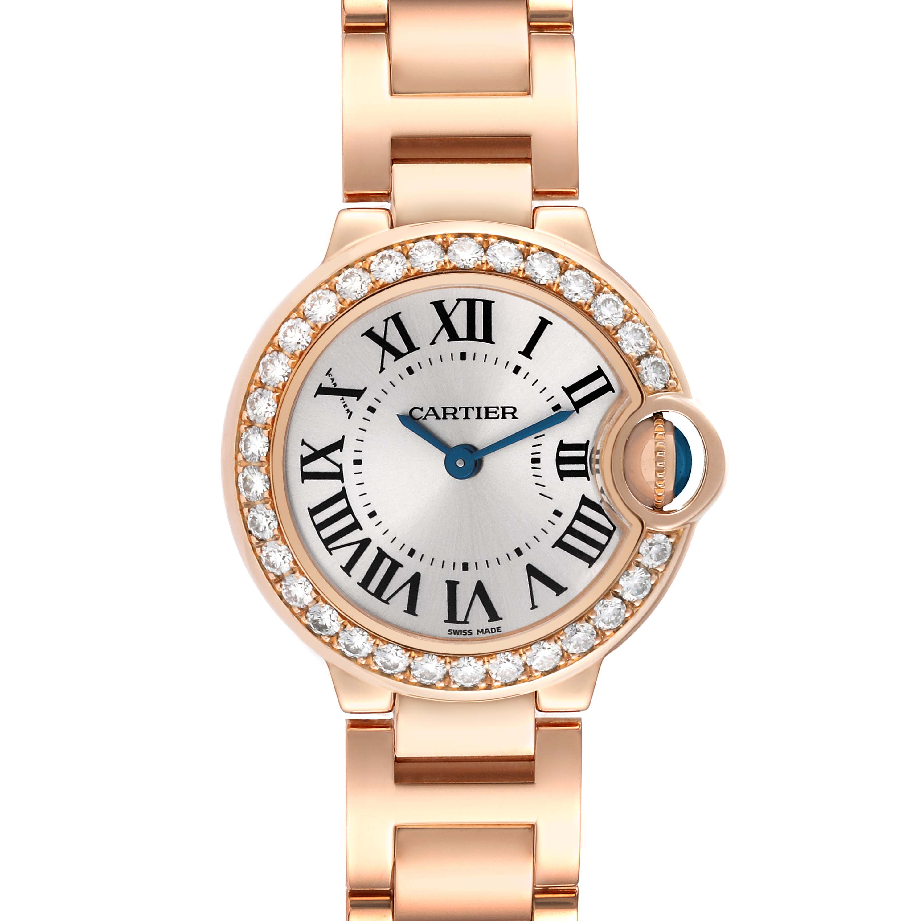 The image shows a front view of a Cartier Ballon Bleu WJBB0015 Women's Rose Gold Silver Dial WJBB0015 Women's Rose Gold Silver Dial watch with a rose gold band and a diamond-studded bezel.