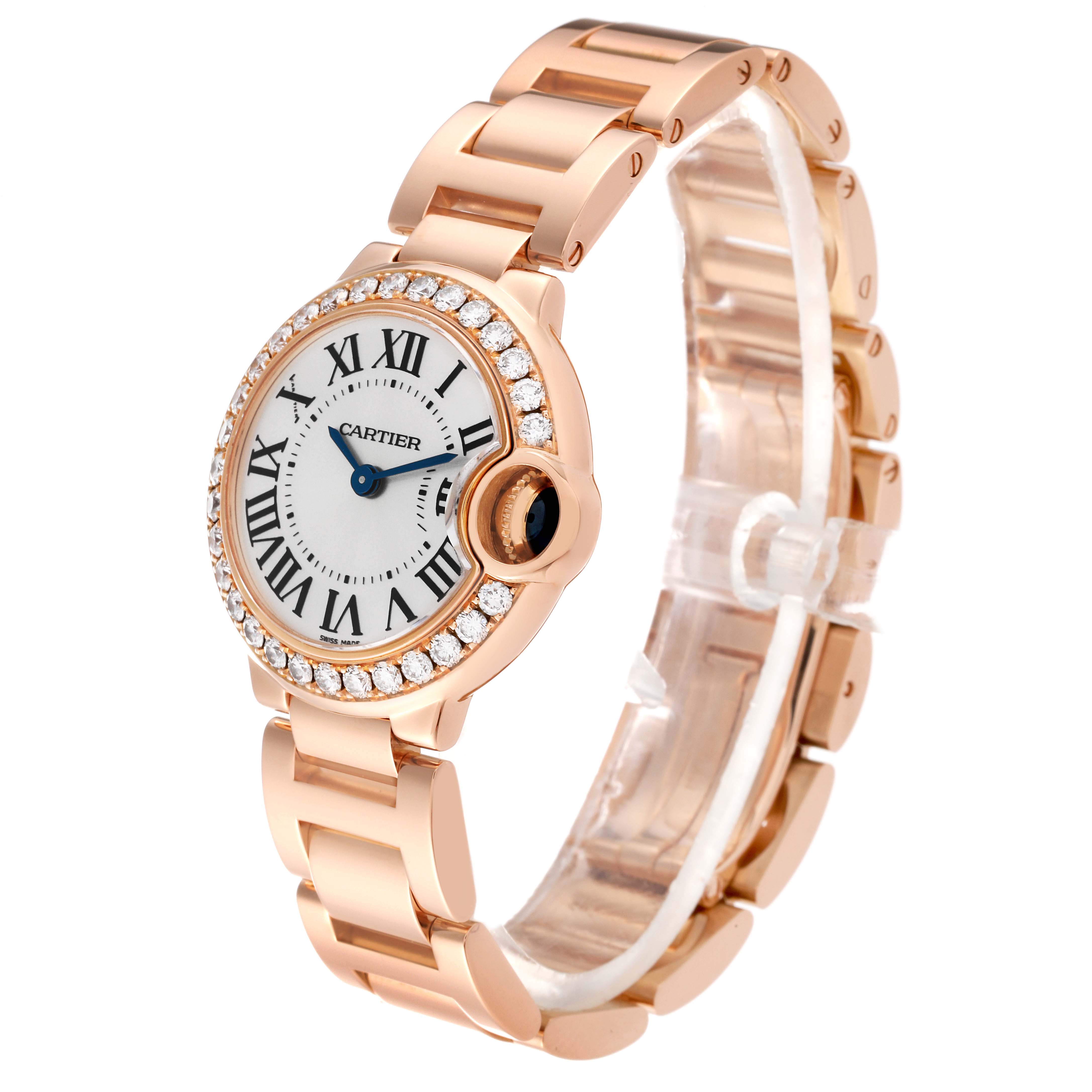 This image shows a side-angle view of a Cartier Ballon Bleu WJBB0015 Women's Rose Gold Silver Dial WJBB0015 Women's Rose Gold Silver Dial watch with a rose gold bracelet and diamond-set bezel.