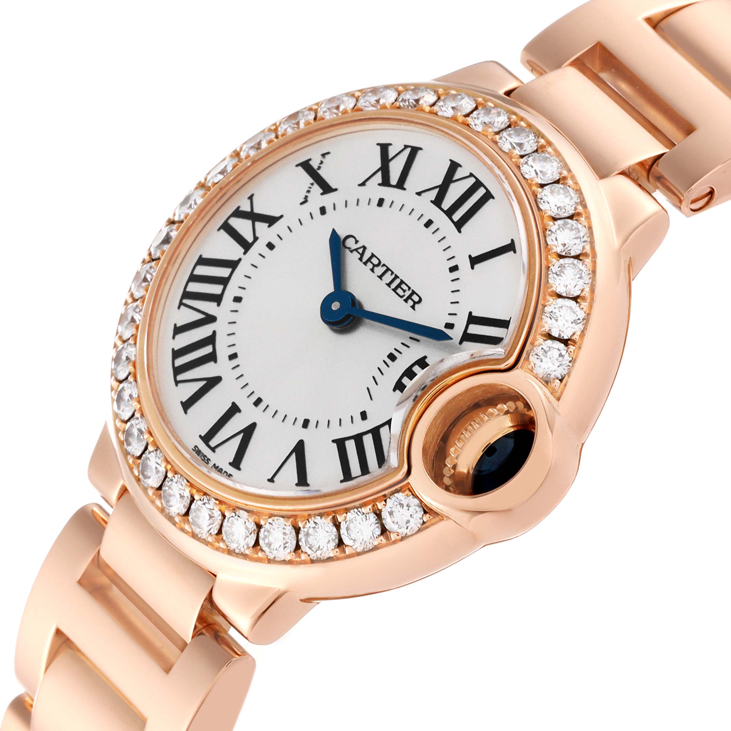 The image shows the face and partial bracelet of a Cartier Ballon Bleu WJBB0015 Women's Rose Gold Silver Dial WJBB0015 Women's Rose Gold Silver Dial watch, highlighting its diamond bezel and distinctive crown.