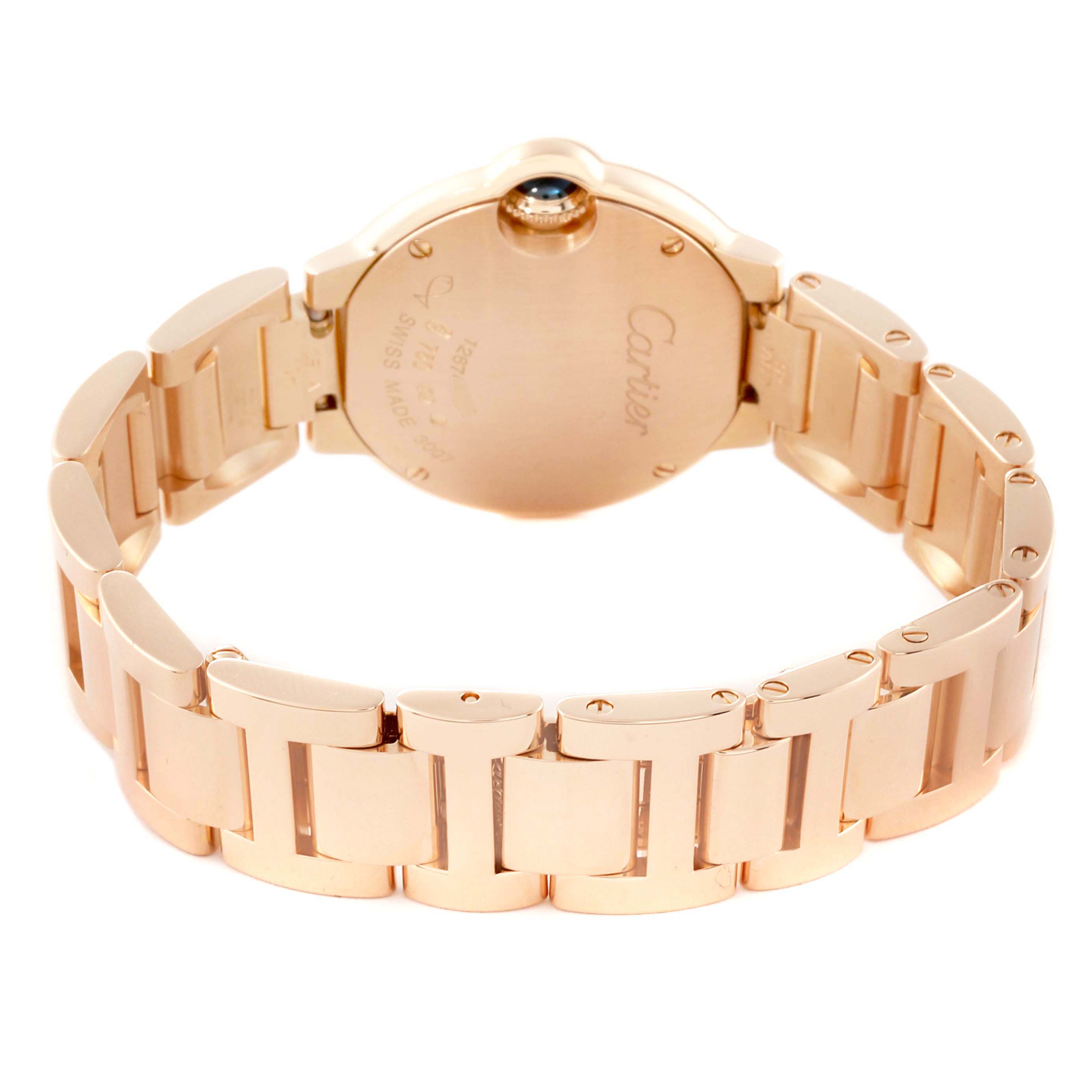 The image shows the back and bracelet of a Cartier Ballon Bleu WJBB0015 Women's Rose Gold Silver Dial WJBB0015 Women's Rose Gold Silver Dial watch at a slight angle.