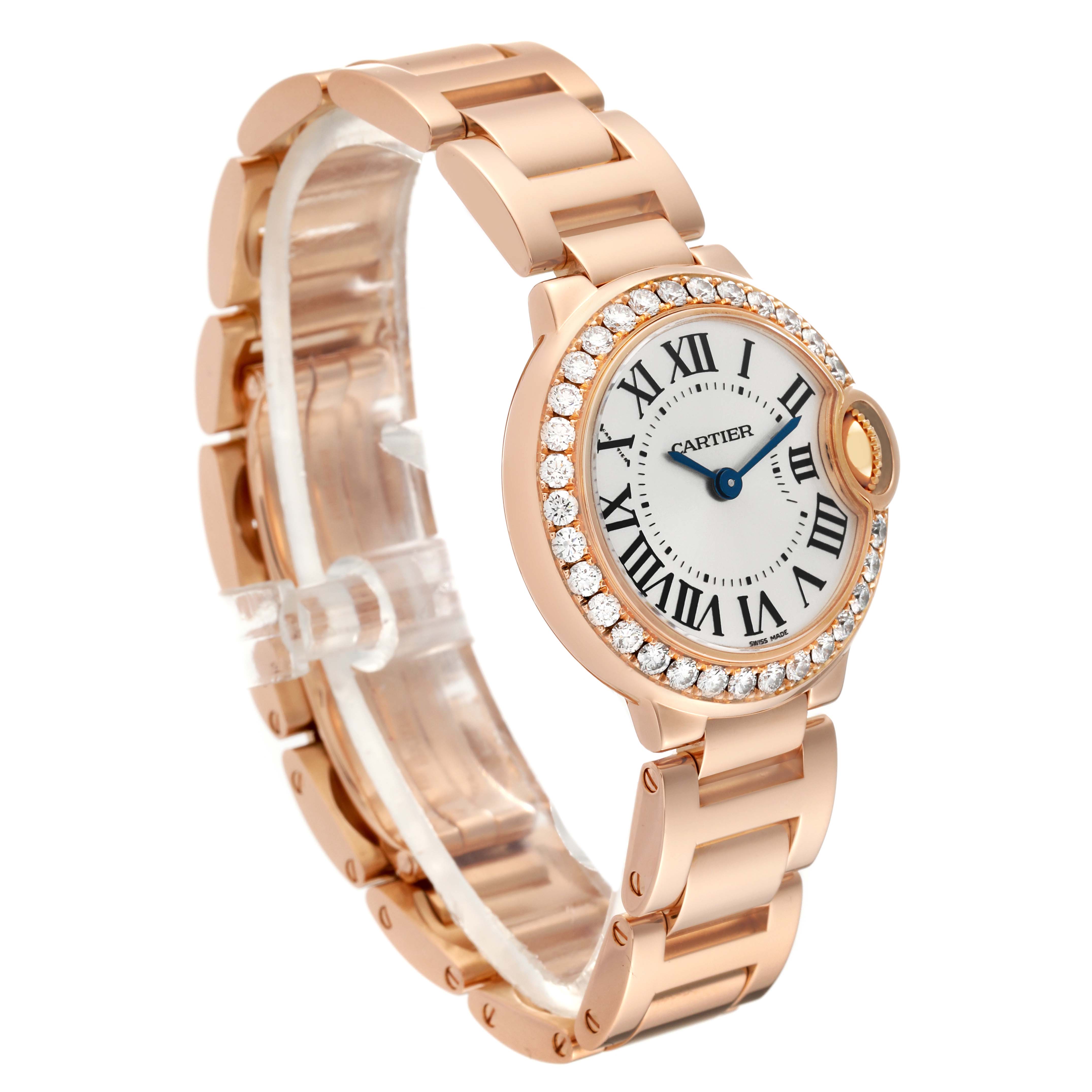 This Cartier Ballon Bleu WJBB0015 Women's Rose Gold Silver Dial WJBB0015 Women's Rose Gold Silver Dial watch is shown at a slight angle, highlighting its face, bezel, and part of the bracelet.
