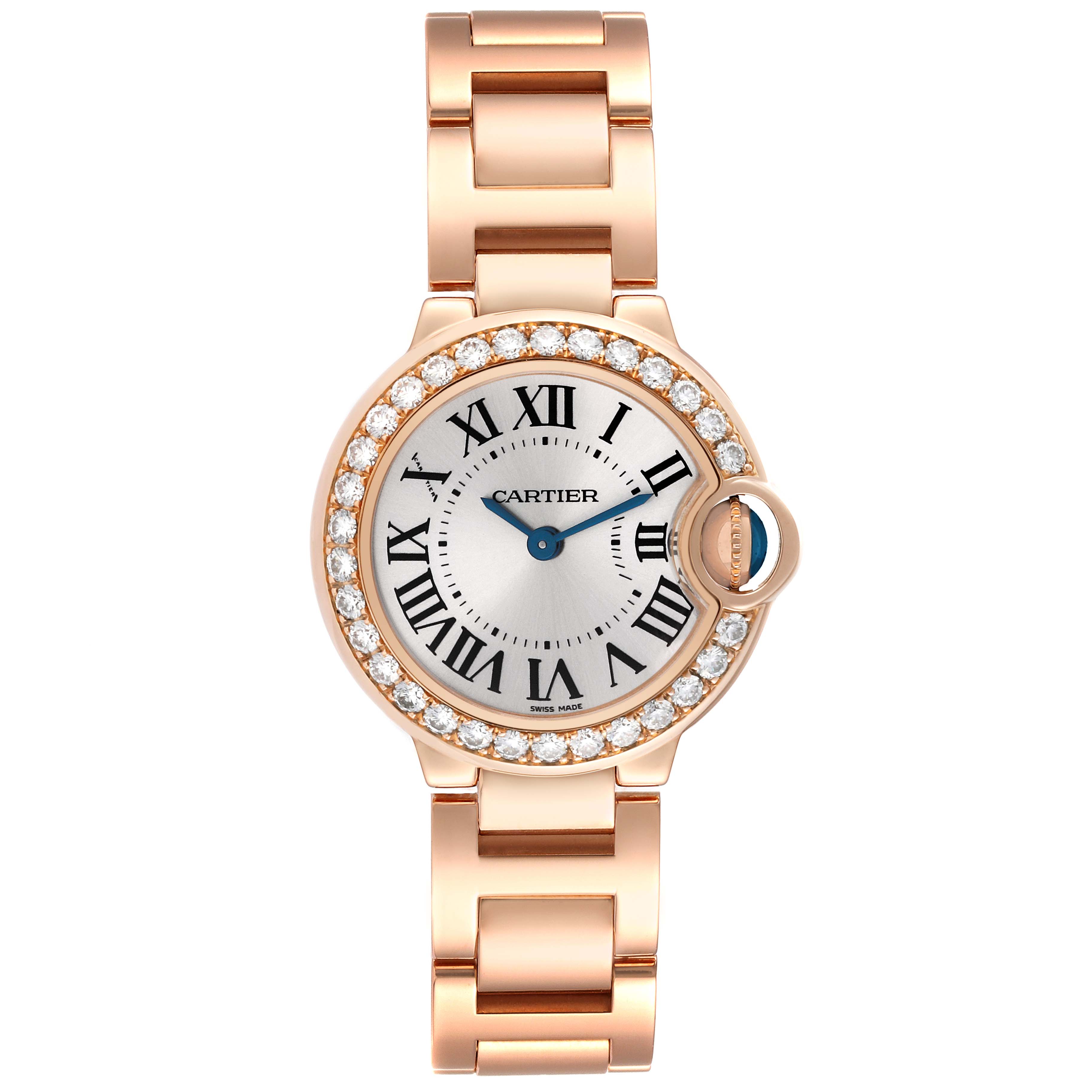 The image shows a top-down view of a Cartier Ballon Bleu WJBB0015 Women's Rose Gold Silver Dial WJBB0015 Women's Rose Gold Silver Dial watch, highlighting its face, Roman numerals, and metal bracelet.