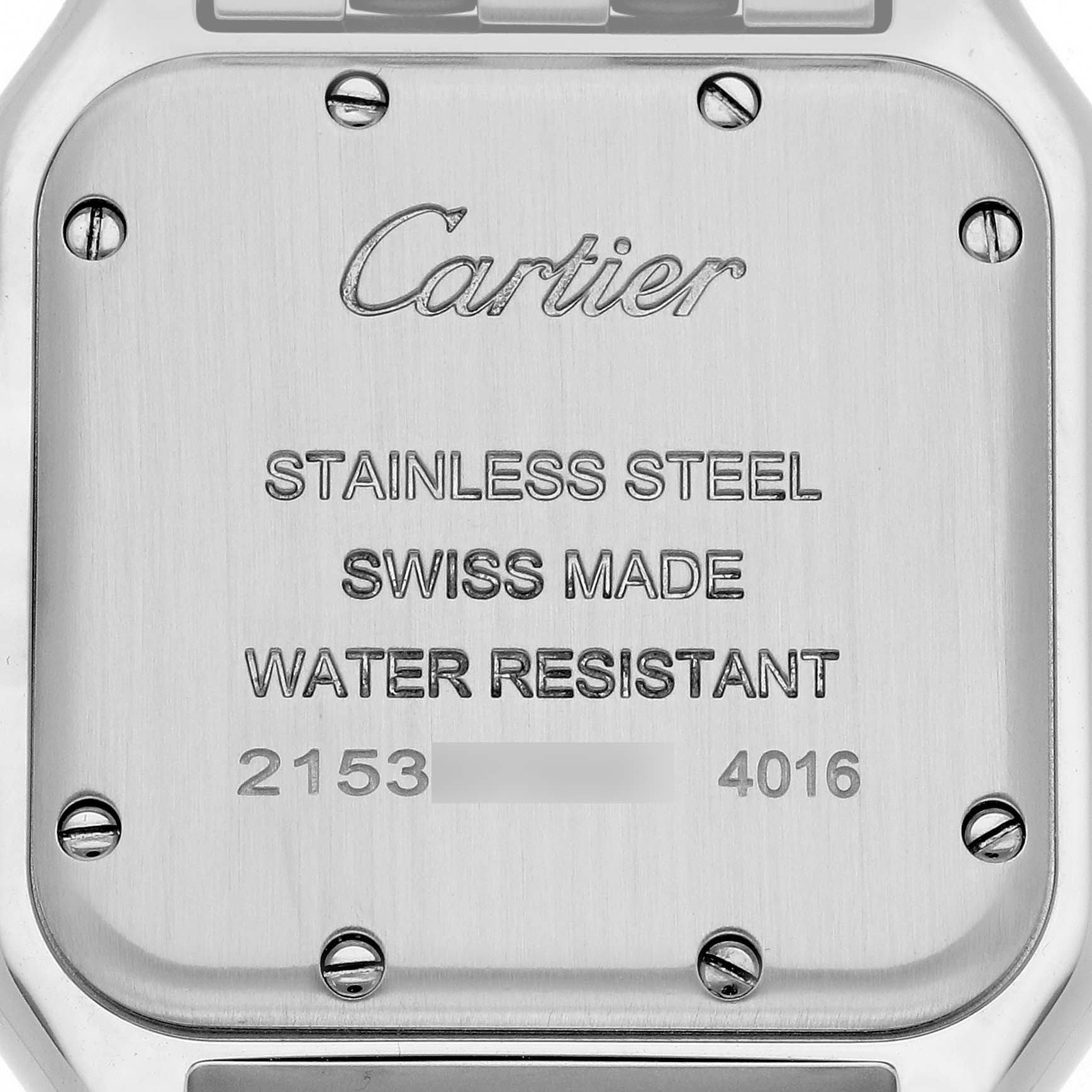 The image shows the back case of a Panthère model by Cartier, highlighting the brand name and specifications.