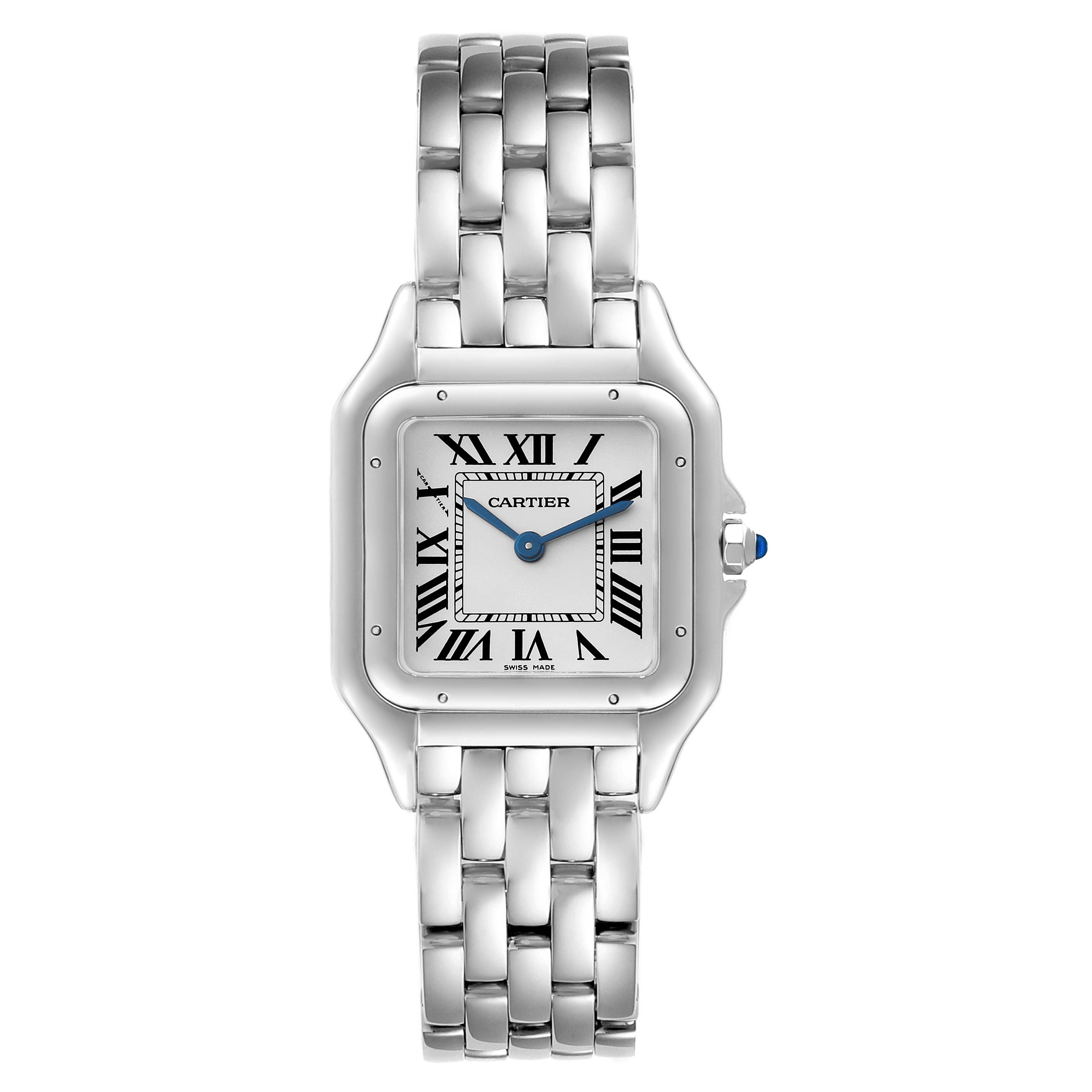 The image shows a front view of the Cartier Panthere WSPN0007 Women's Stainless Steel Silver Dial WSPN0007 Women's Stainless Steel Silver Dial watch, showcasing its face, bracelet, and crown.