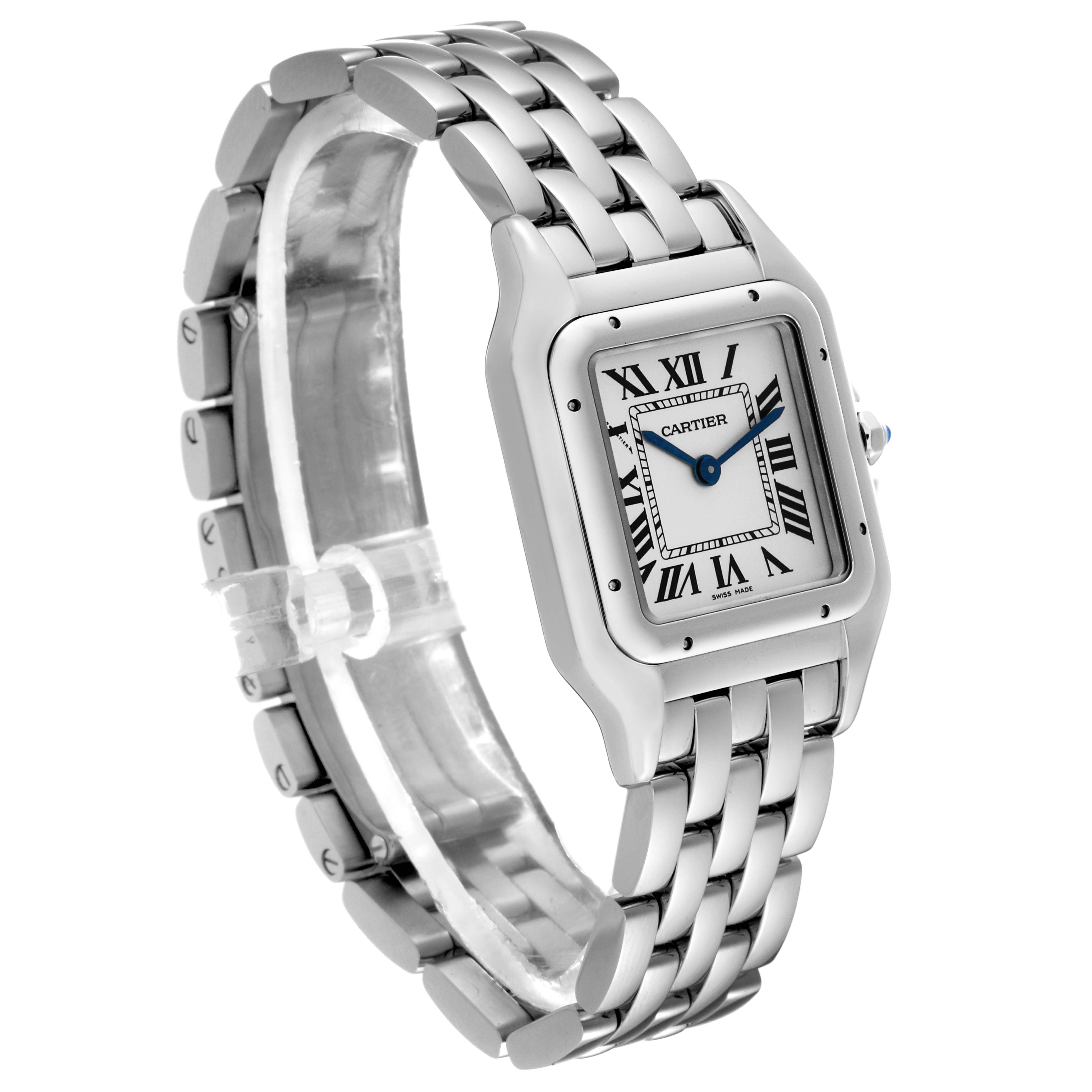 This image shows a Cartier Panthere WSPN0007 Women's Stainless Steel Silver Dial WSPN0007 Women's Stainless Steel Silver Dial model watch at a three-quarter angle, highlighting the bracelet and face.