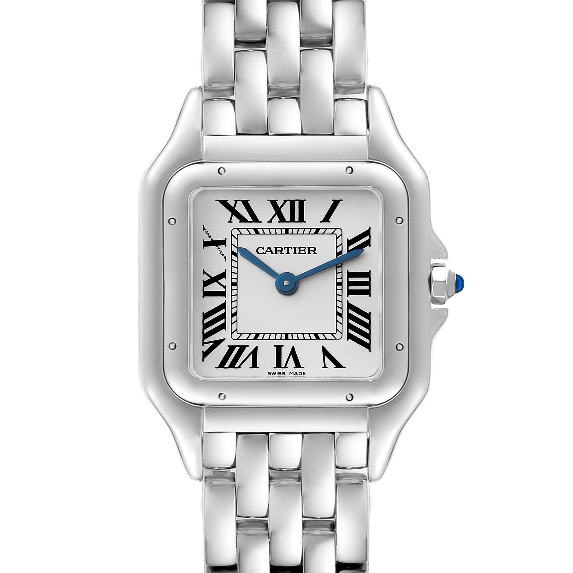 The image shows a front view of the Cartier Panthere WSPN0007 Women's Stainless Steel Silver Dial WSPN0007 Women's Stainless Steel Silver Dial model watch.