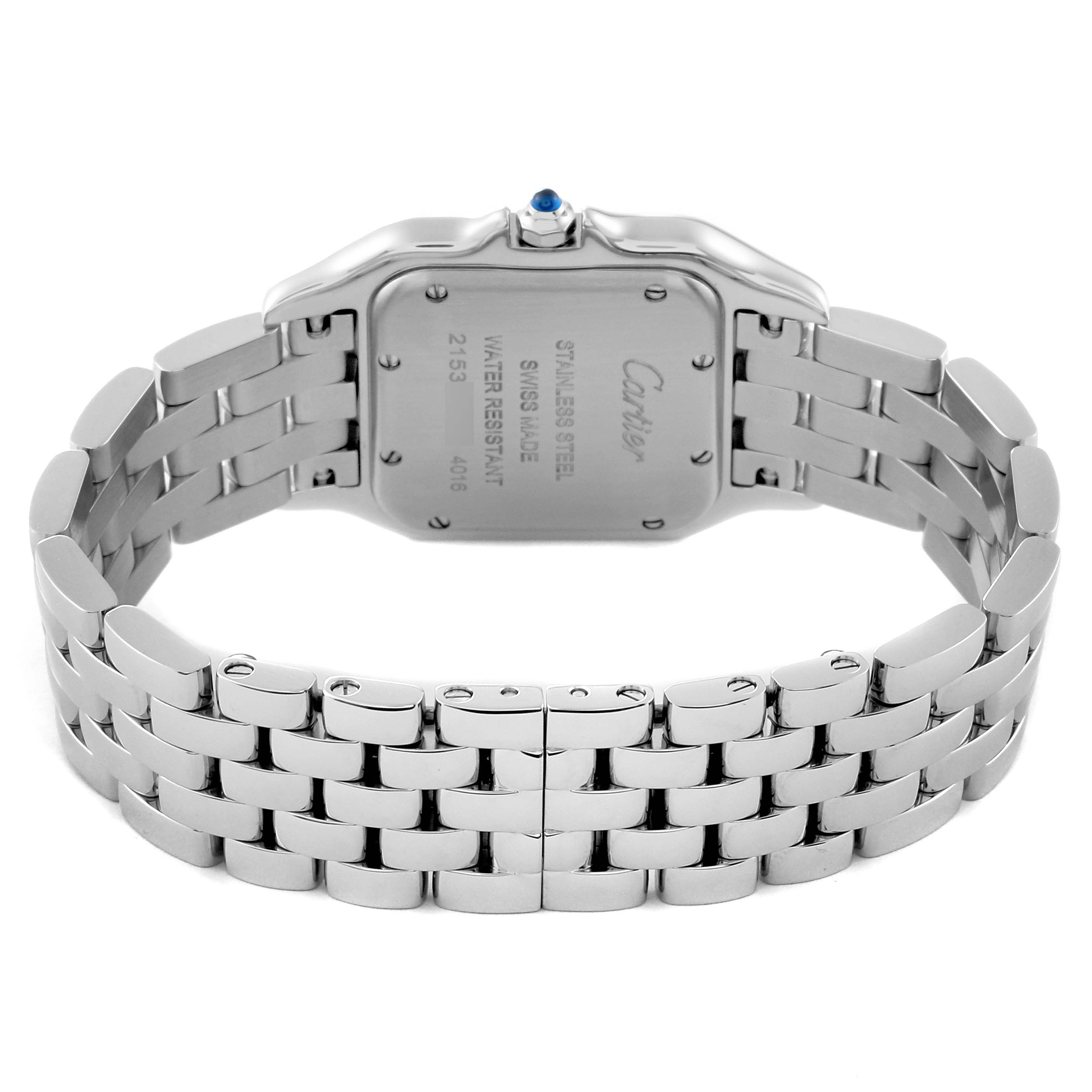The image shows the back view of a Cartier Panthere WSPN0007 Women's Stainless Steel Silver Dial WSPN0007 Women's Stainless Steel Silver Dial watch, highlighting its stainless steel case and bracelet.