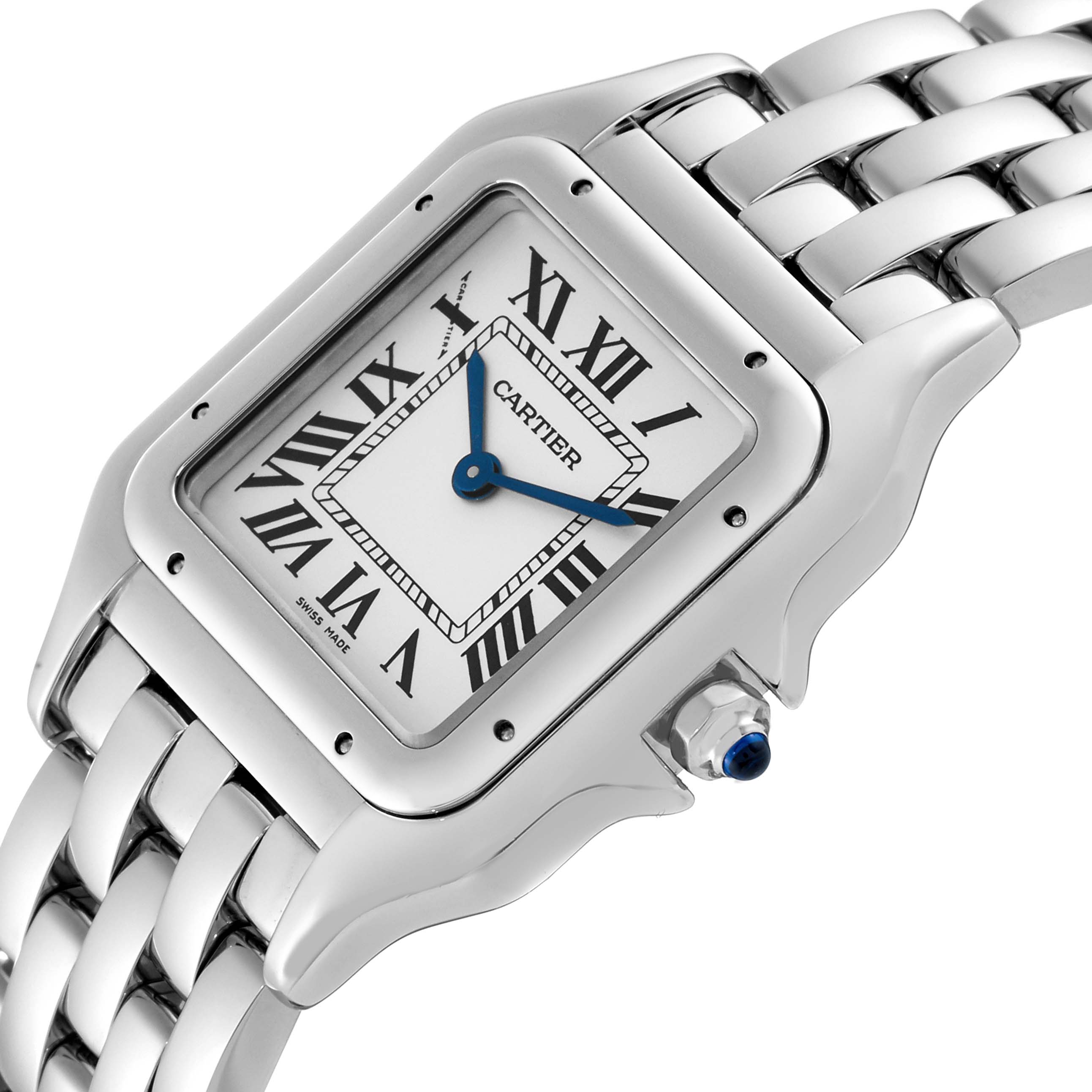 The image shows a close-up angled view of the Cartier Panthere WSPN0007 Women's Stainless Steel Silver Dial WSPN0007 Women's Stainless Steel Silver Dial watch, highlighting its square face, Roman numerals, and stainless steel bracelet.