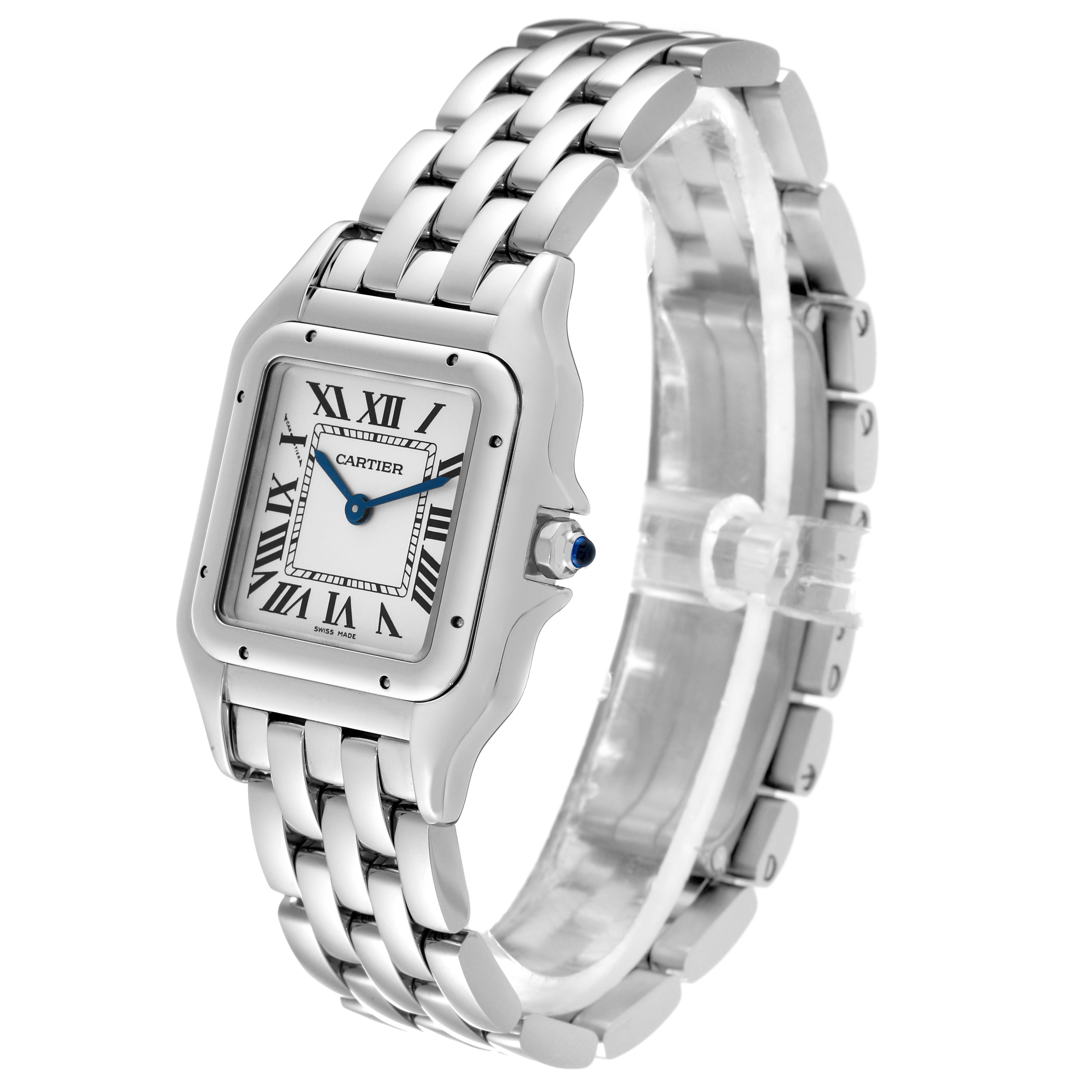 The image shows a Cartier Panthere WSPN0007 Women's Stainless Steel Silver Dial WSPN0007 Women's Stainless Steel Silver Dial watch at a slight angle, highlighting the face, bracelet, and crown.
