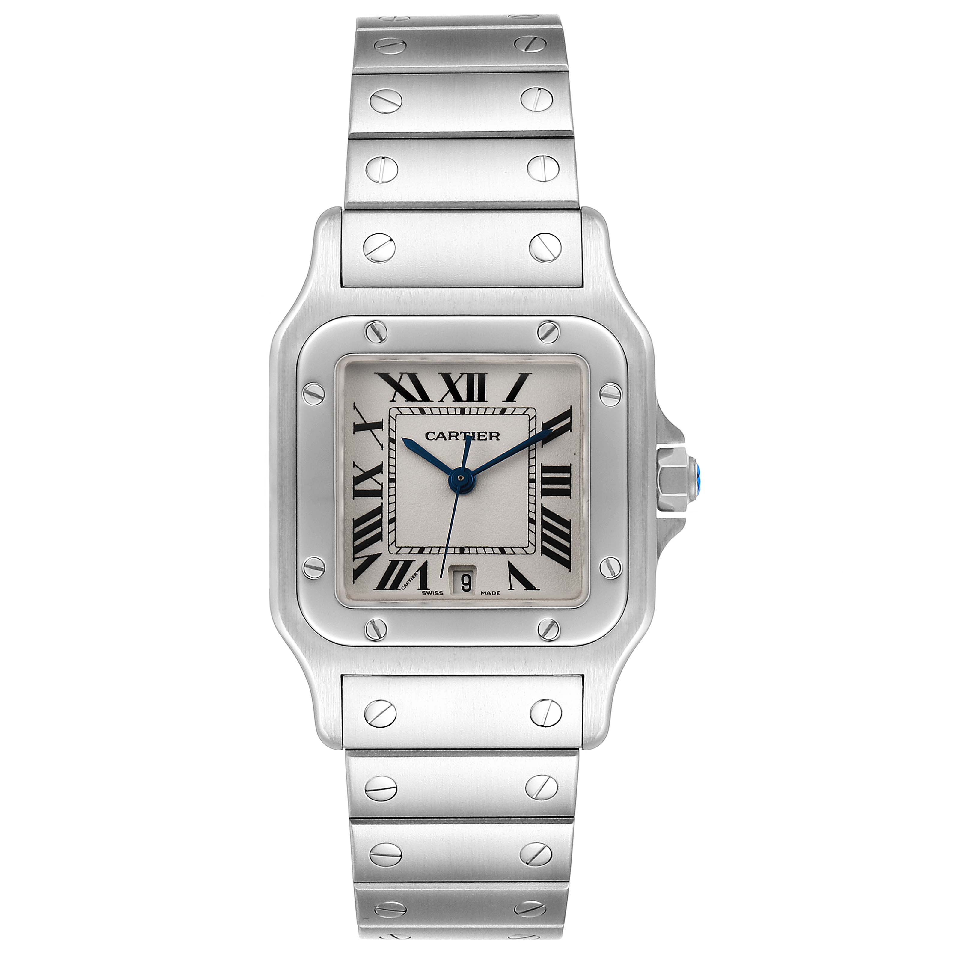 The image shows a front view of a Cartier Santos W20060D6 Men
s Stainless Steel Silver Dial W20060D6 Men
s Stainless Steel Silver Dial watch, highlighting its face, bezel, and bracelet.