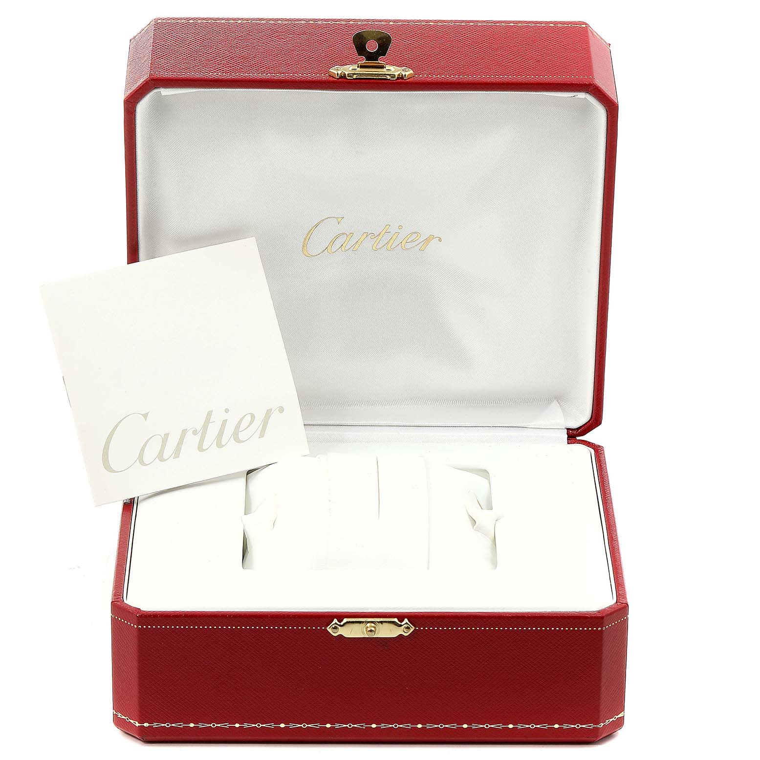 The image shows a red Cartier Santos W20060D6 Men
s Stainless Steel Silver Dial W20060D6 Men
s Stainless Steel Silver Dial watch box with a white interior and a Cartier card inside.