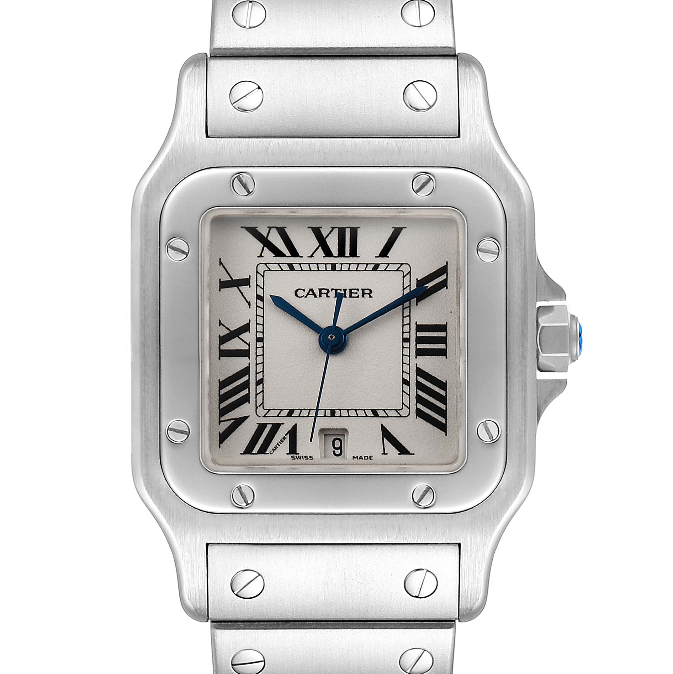 This image shows a frontal view of a Santos de Cartier watch, highlighting the face, bezel, and part of the bracelet.