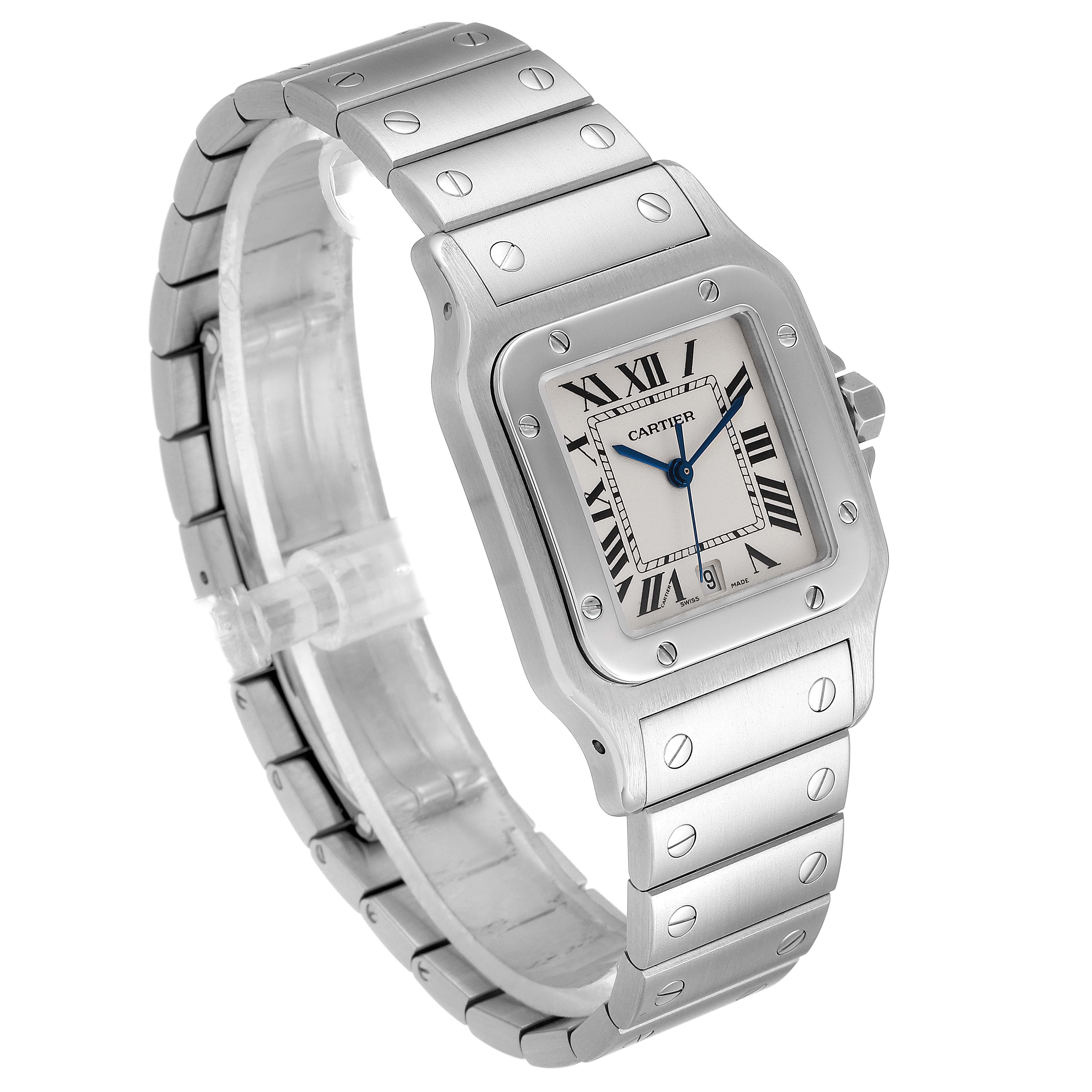 This image shows a Cartier Santos W20060D6 Men
s Stainless Steel Silver Dial W20060D6 Men
s Stainless Steel Silver Dial watch at an angled view, featuring its square case, bracelet, and Roman numeral dial.