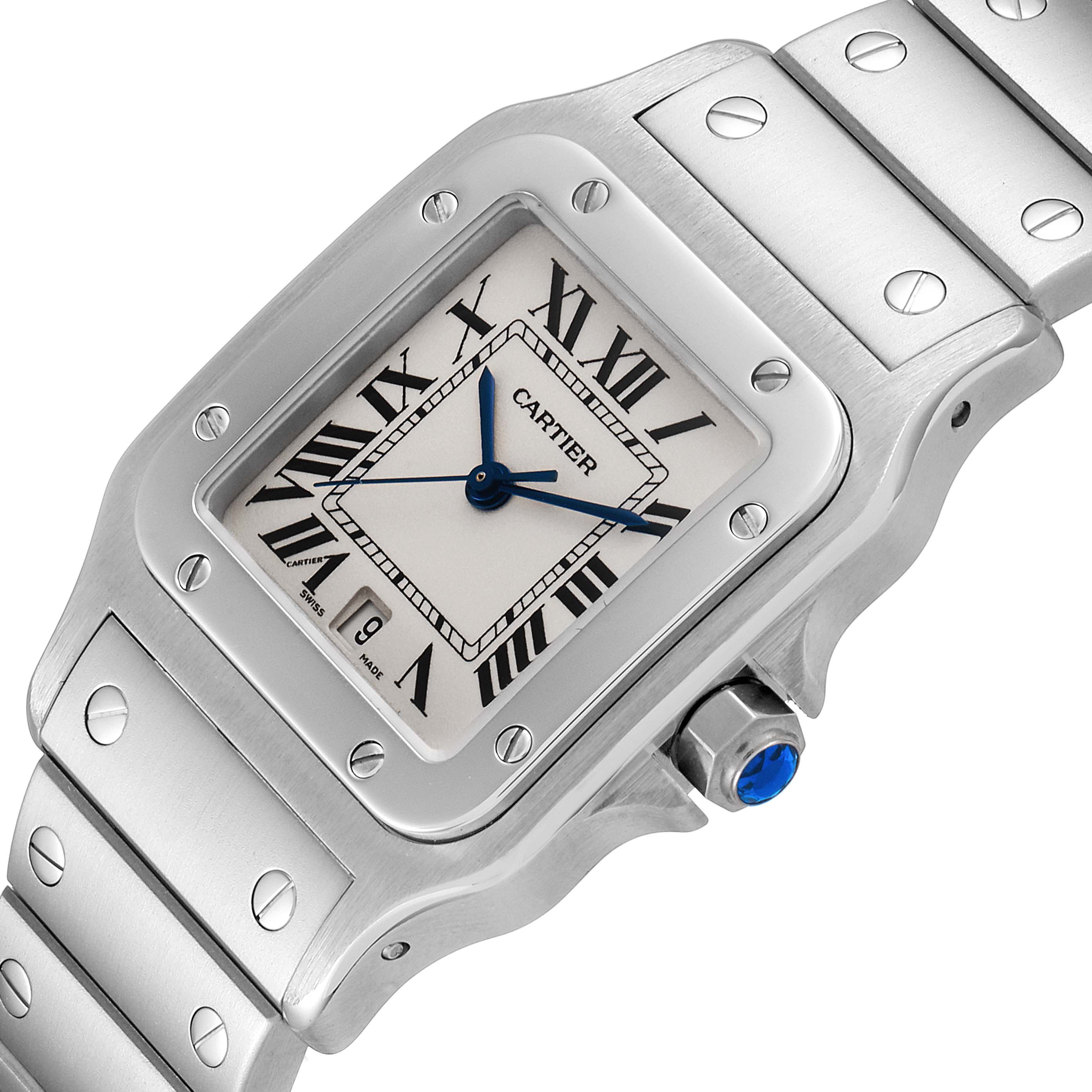 The image shows a close-up of the Cartier Santos W20060D6 Men
s Stainless Steel Silver Dial W20060D6 Men
s Stainless Steel Silver Dial watch, highlighting its face, bezel, and part of the bracelet.