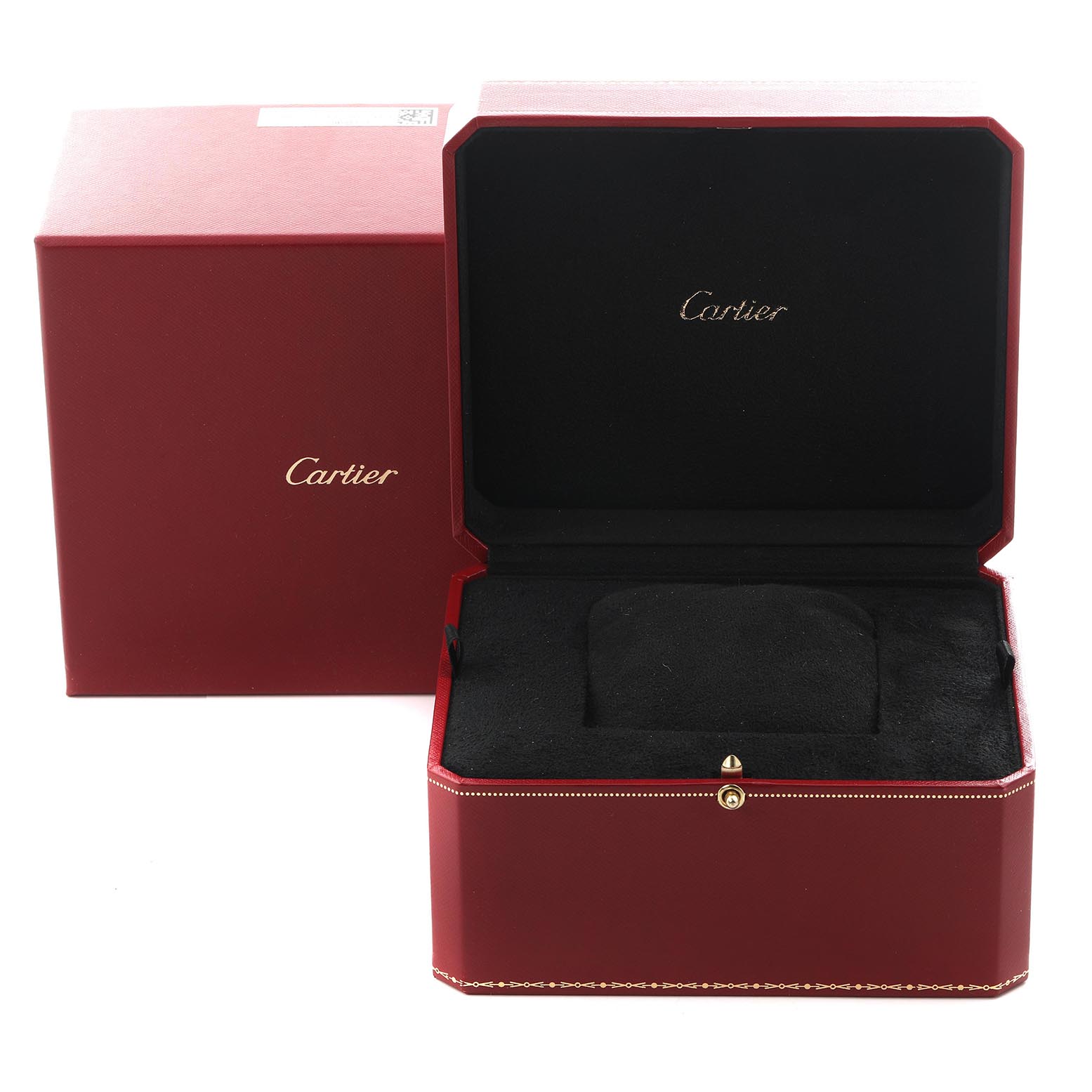 This image shows an open Cartier watch box for the Tank A Vis model, highlighting its red exterior and black interior.