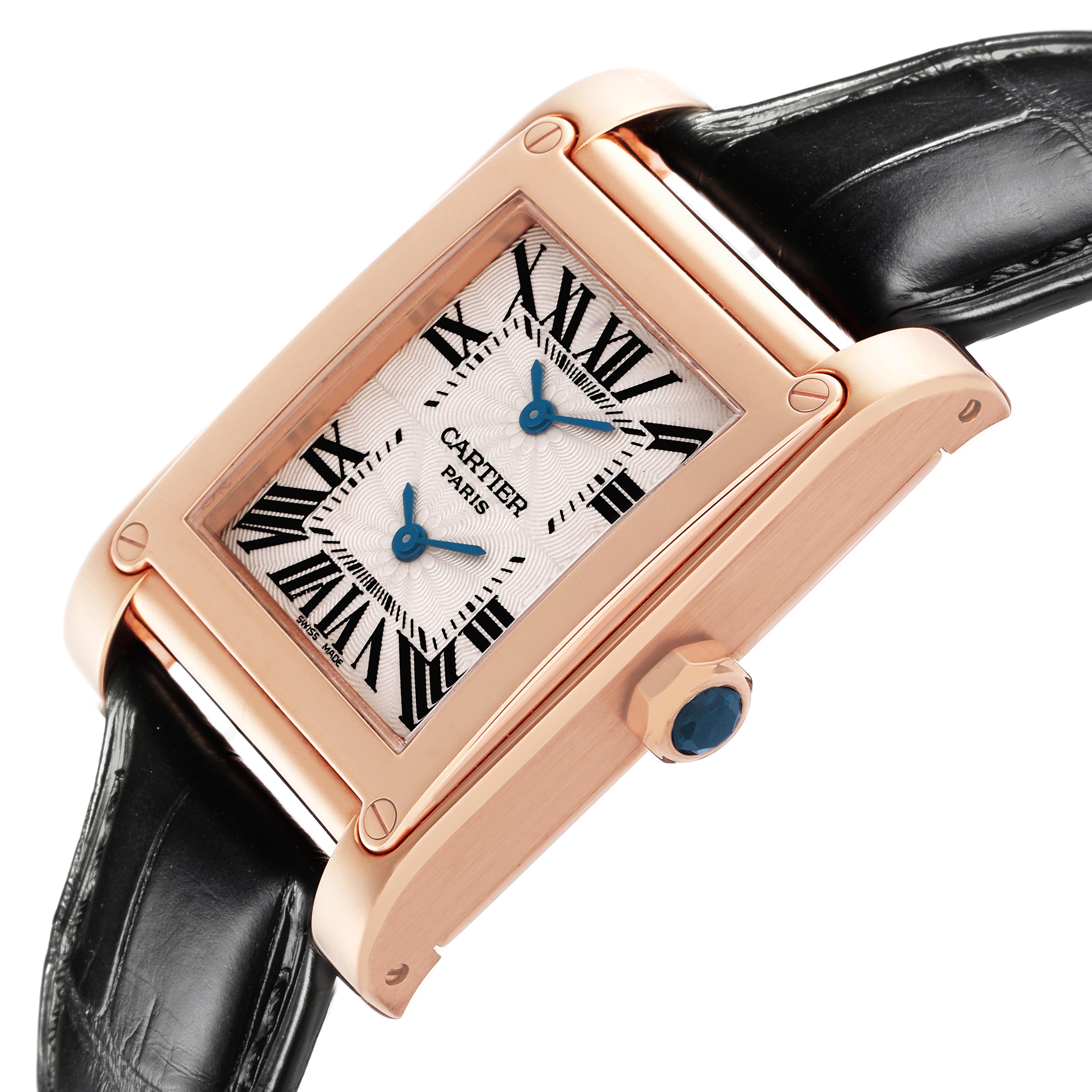 The Cartier Tank A Vis W1537651 Men's Rose Gold Silver Dial W1537651 Men's Rose Gold Silver Dial watch is shown at a three-quarter angle, highlighting its face, crown, and leather strap.