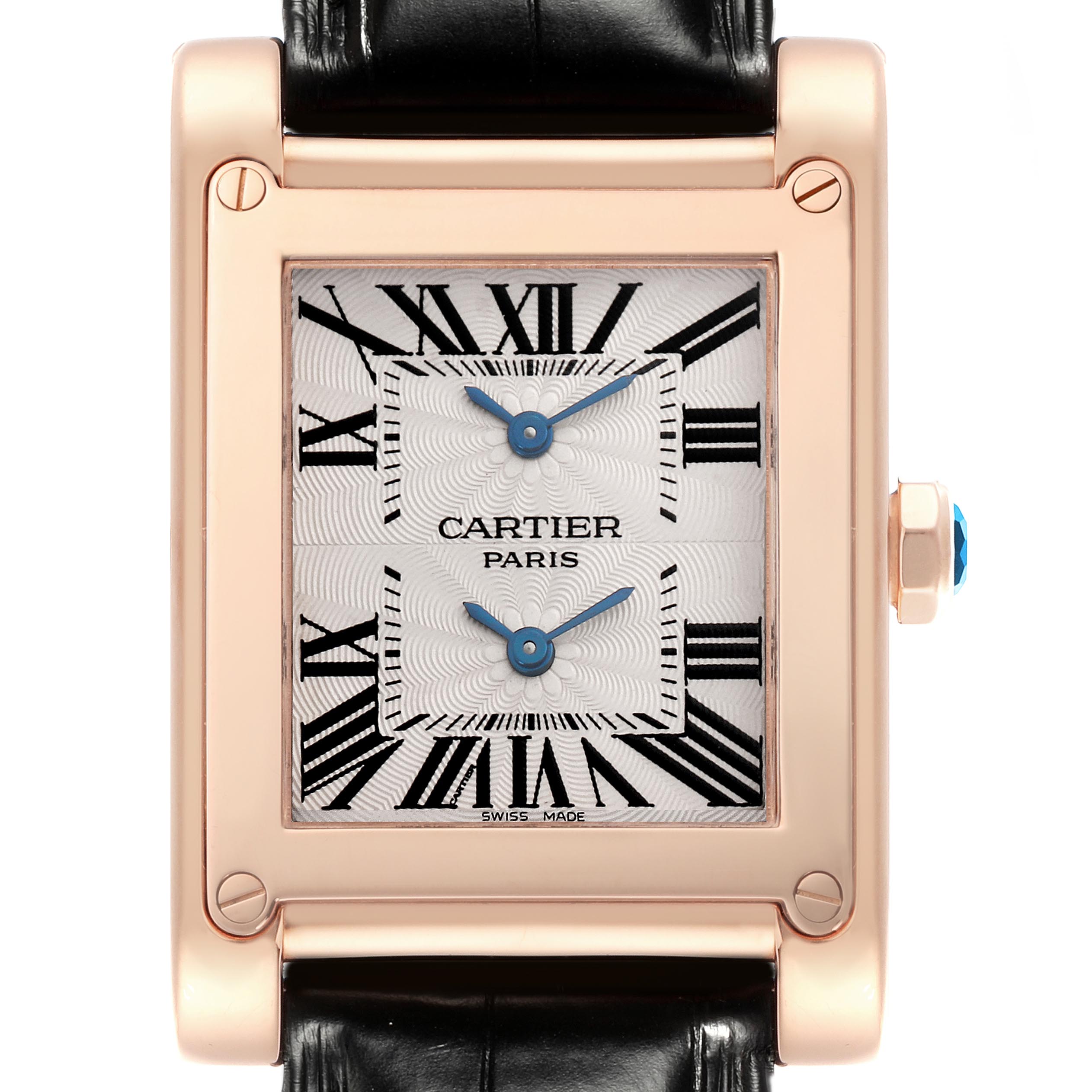 The Cartier Tank A Vis W1537651 Men's Rose Gold Silver Dial W1537651 Men's Rose Gold Silver Dial watch is shown from the front, highlighting the face, crown, and parts of the leather strap.