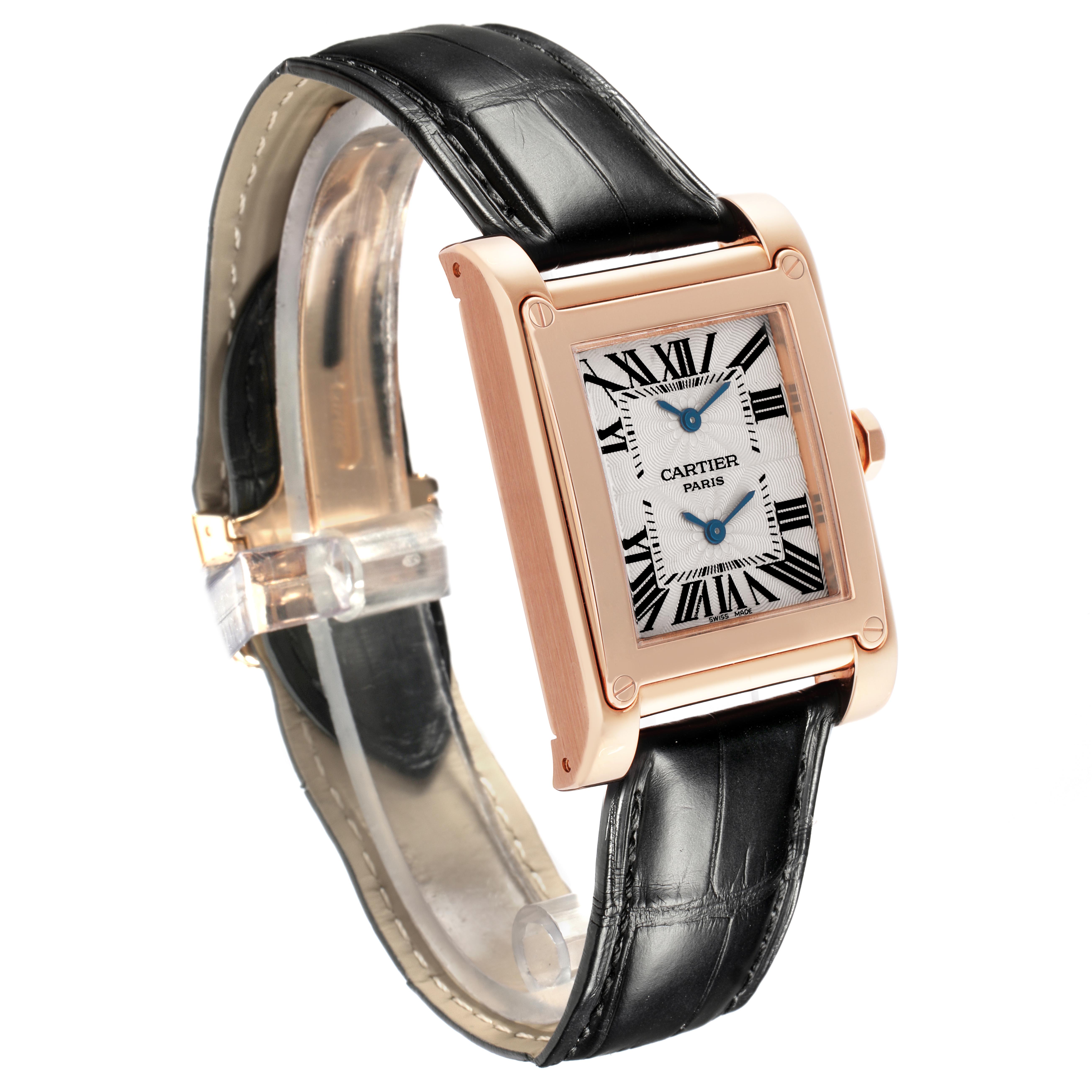 The Cartier Tank A Vis W1537651 Men's Rose Gold Silver Dial W1537651 Men's Rose Gold Silver Dial watch is shown at a tilted angle highlighting the face, rose gold case, and black leather strap.