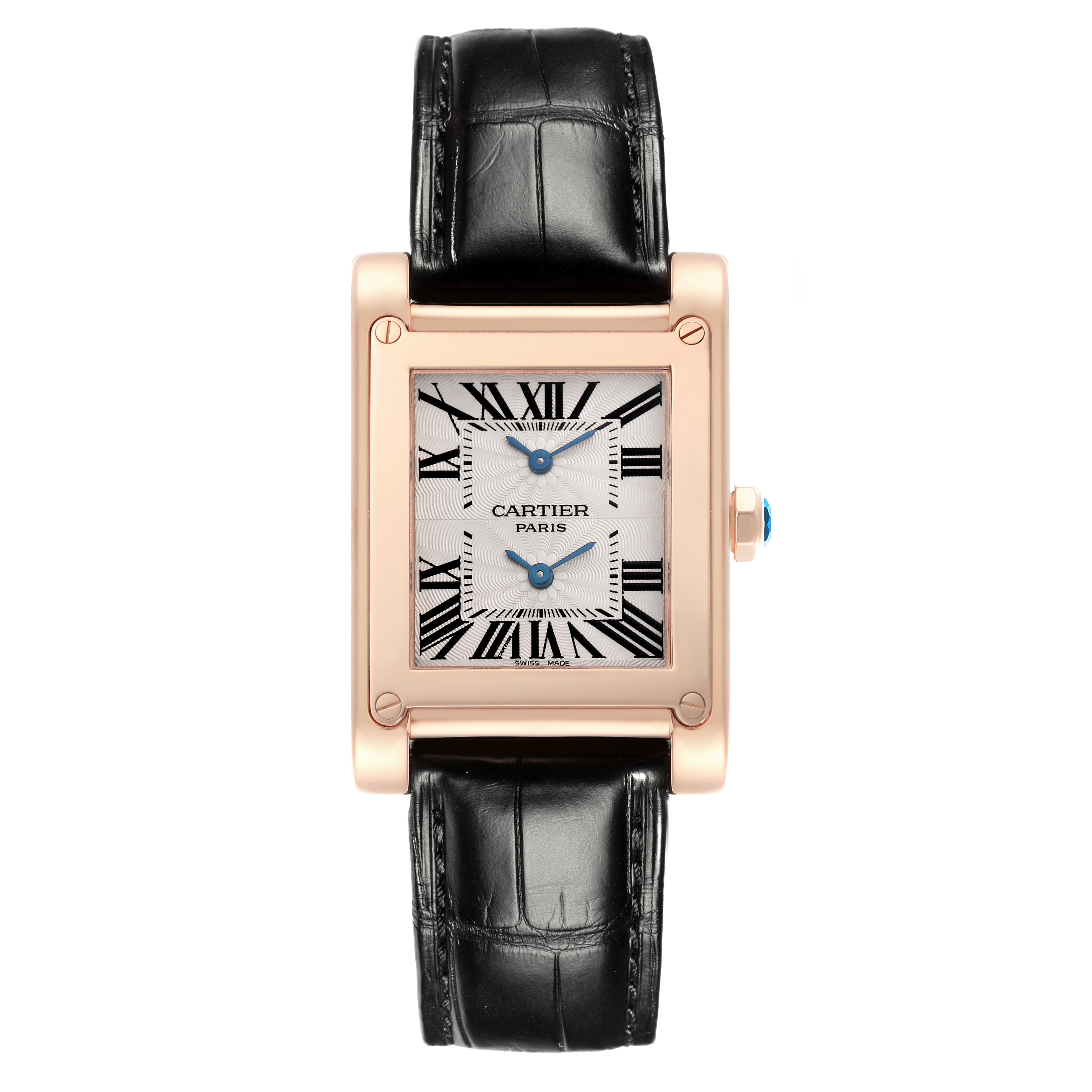 The Cartier Tank A Vis W1537651 Men's Rose Gold Silver Dial W1537651 Men's Rose Gold Silver Dial watch is shown from a frontal angle, highlighting the face, Roman numerals, and black leather strap.