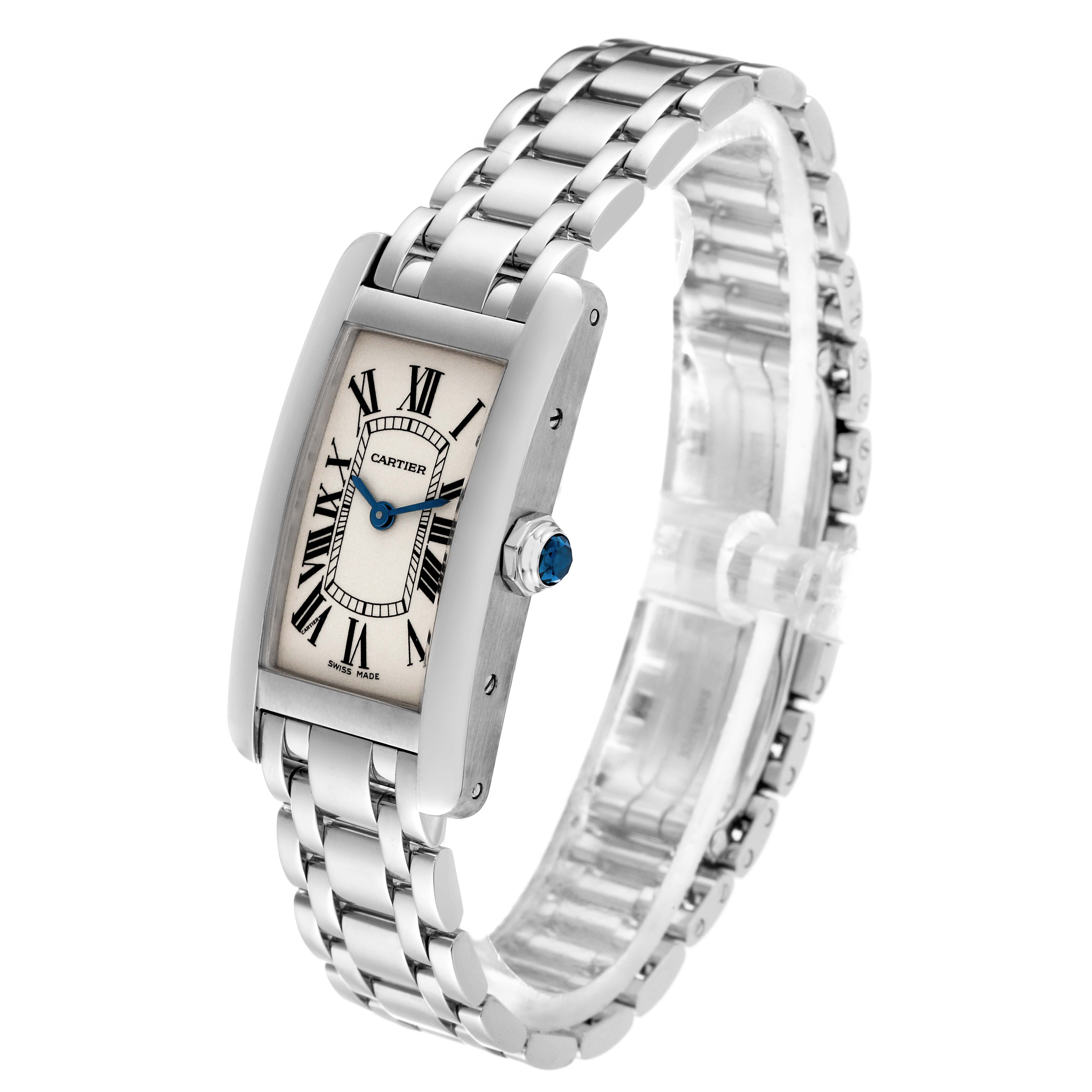 The Cartier Tank Americaine W26019L1 Women's White Gold Silver Dial W26019L1 Women's White Gold Silver Dial watch is shown from an angle displaying the face, stainless steel case, and bracelet.